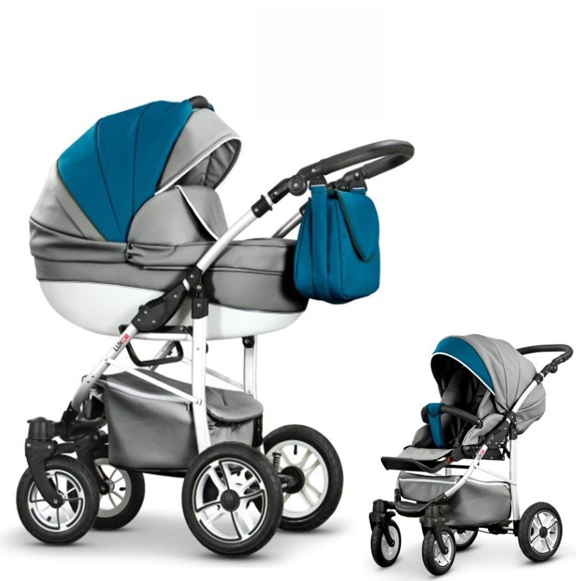 Farben in - - Kunstleder Kombi-Kinderwagen Hellgrau-Petrol ECO 13 Kinderwagen-Set in 2 babies-on-wheels Teile 16 Cosmo 1