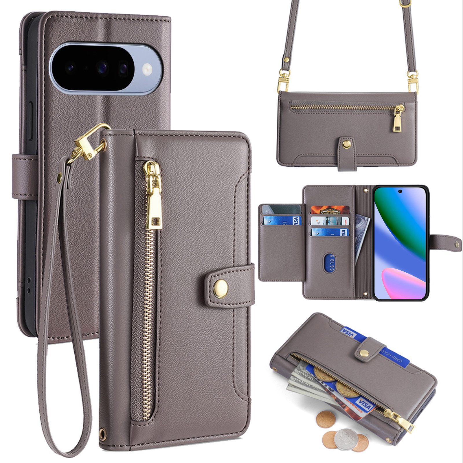 betterfon Handykette für Google Pixel 10 / 10 Pro mit Band Kartenfächer PU Leder Grau, Hände frei - mit Silikonhülle & Schnur für flexiblen Alltag