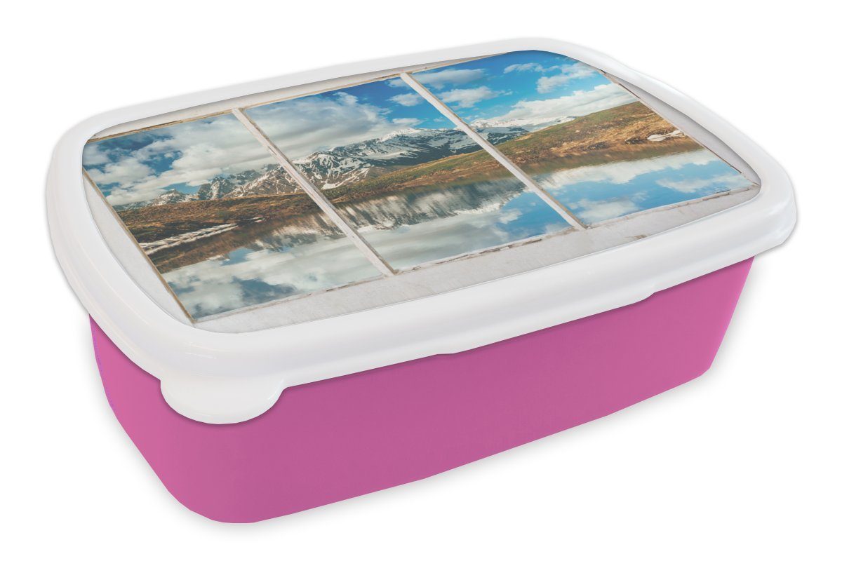 Kunststoff, Snackbox, - Lunchbox rosa MuchoWow - Brotbox Kinder, Erwachsene, Brotdose (2-tlg), für Berge Mädchen, Aussicht Kunststoff Wasser,