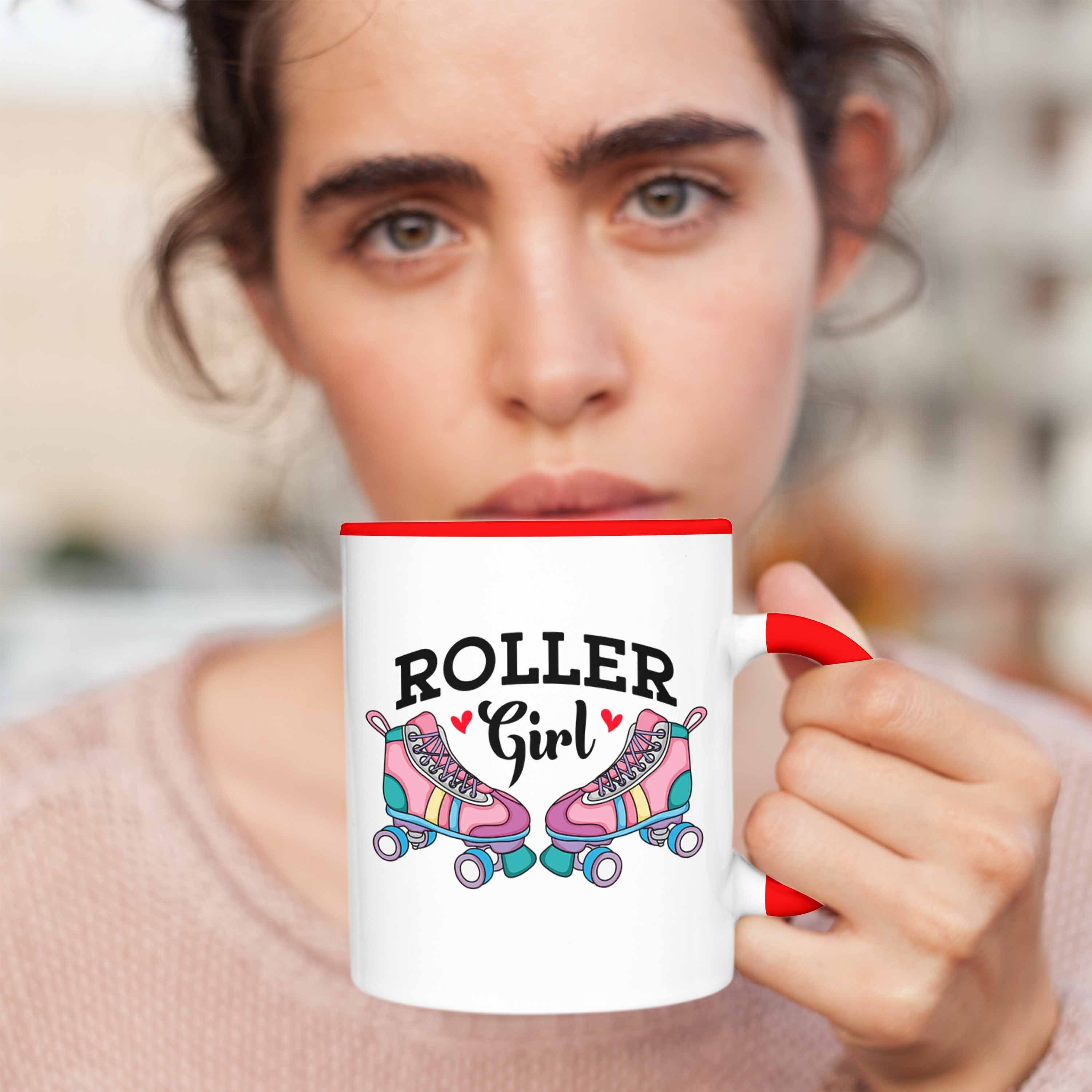 Trendation Tasse "Roller Girls für Nostalgie Rollschuh Rot 80er Girl" Geschenk Tasse Roller