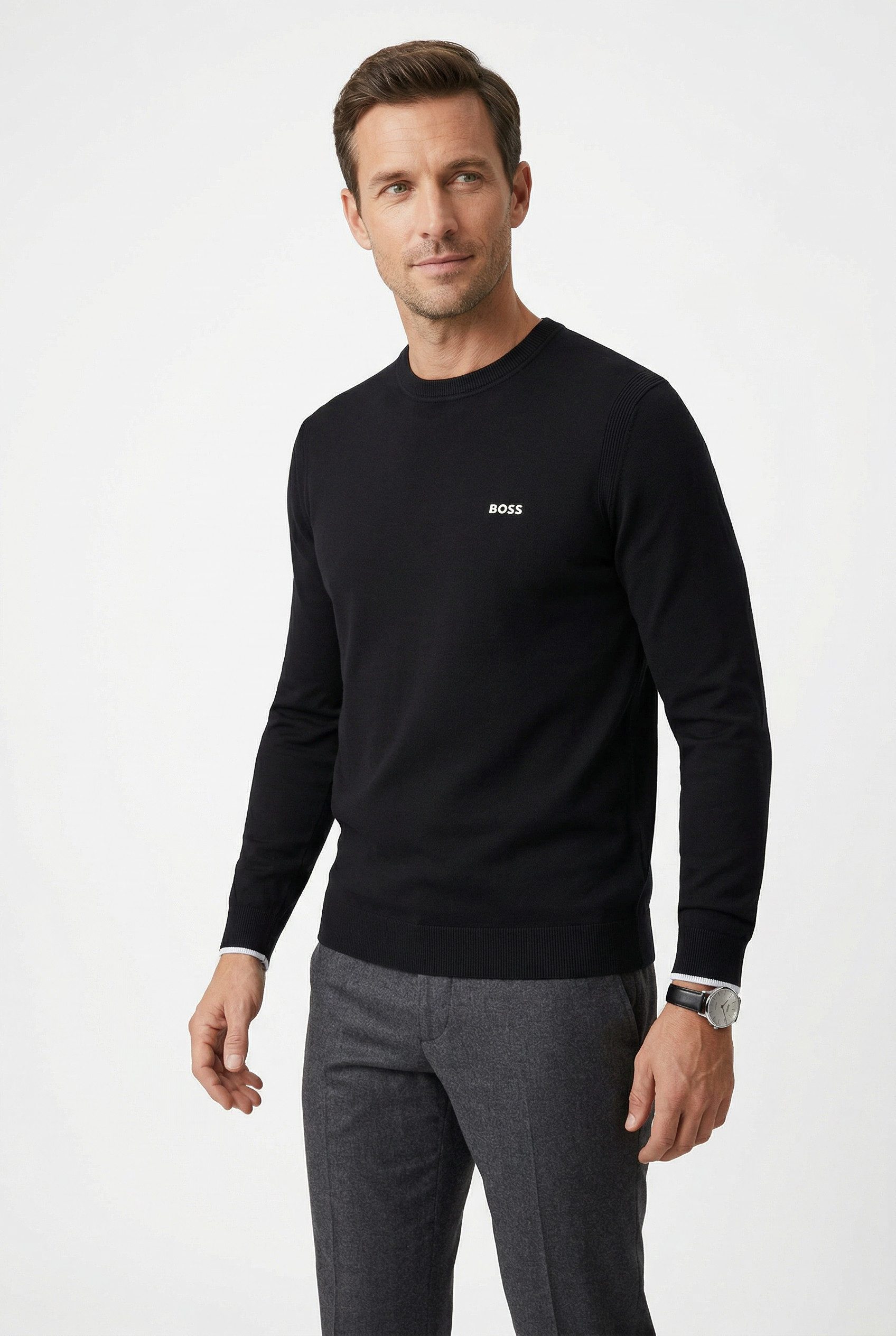 BOSS GREEN Strickpullover Rundhalsausschnitt, Regular Fit, Logo-Print