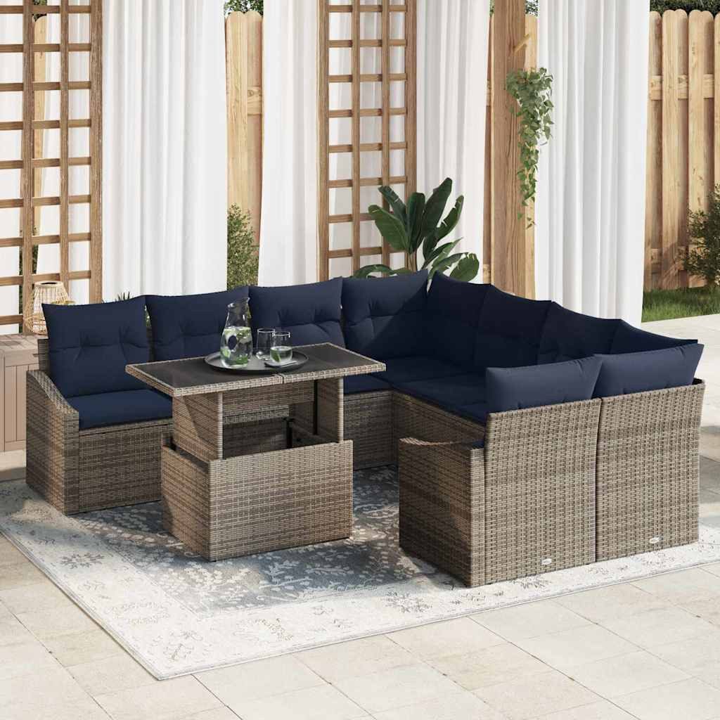 vidaXL Gartenlounge-Set Garten-Sofa-Set mit Kissen mit Speicher 9 pcs Grau Poly-Rattan, (9-tlg)