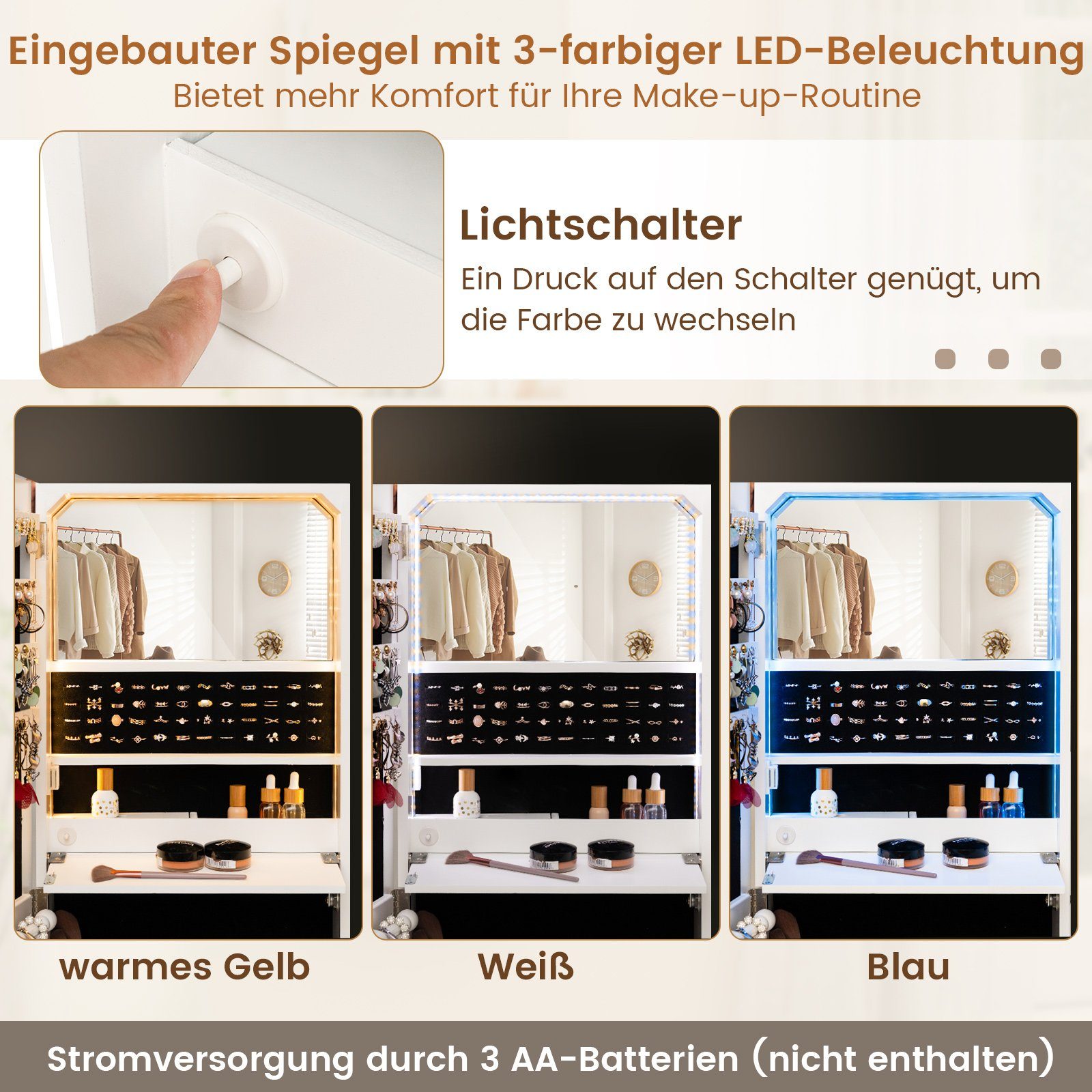 COSTWAY Schmuckschrank mit Spiegel, LED & abschließbarer Tür, hängend, weiß
