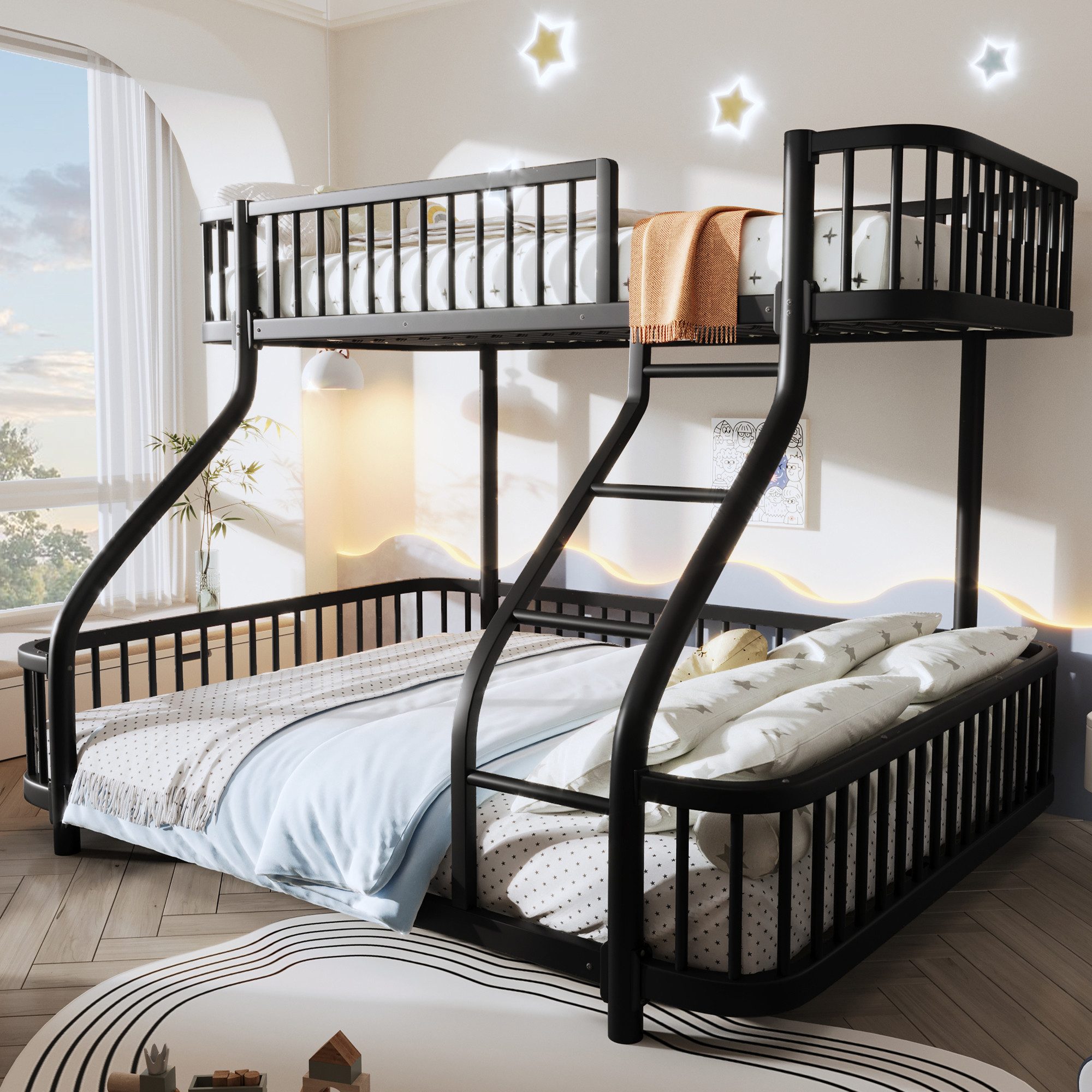 Flieks Etagenbett, Kinderbett Metallbett 90+140x200cm mit Schutzgitter Schrägleiter