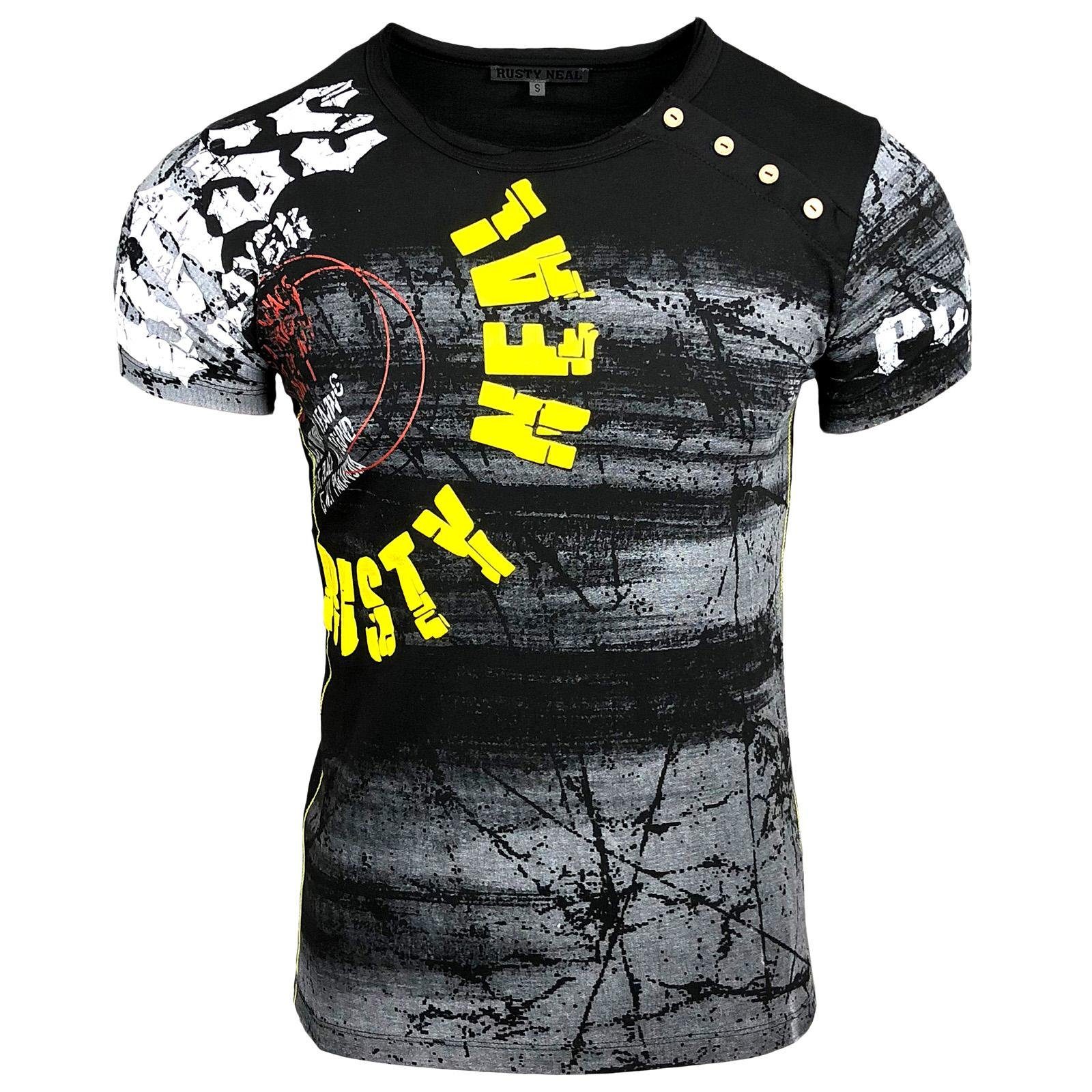 Rusty Neal T-Shirt mit Logoprint und Knopfleiste schwarz