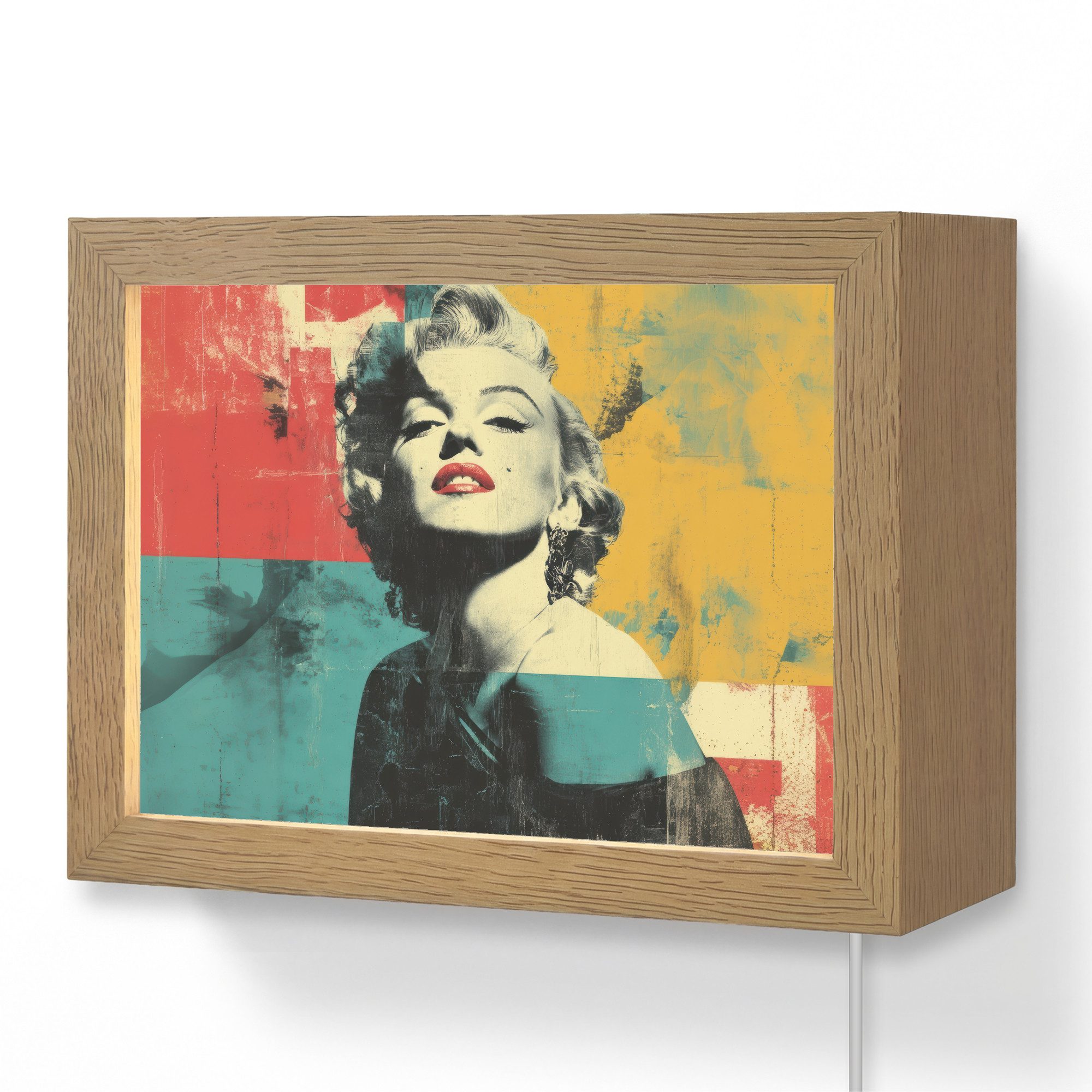 OnlyWow Wandleuchte Lightbox Frau - Rote Lippen - Abstrakte Farbfelder - Pop-Art-Stil, Dimmbar, Farbwechsel, LED, Warmweiß, Kaltweiß, Neutralweiß Einstellbar, Wandlampe Innen, Dimmbar, mit Kabel, LED, Modern, Flur