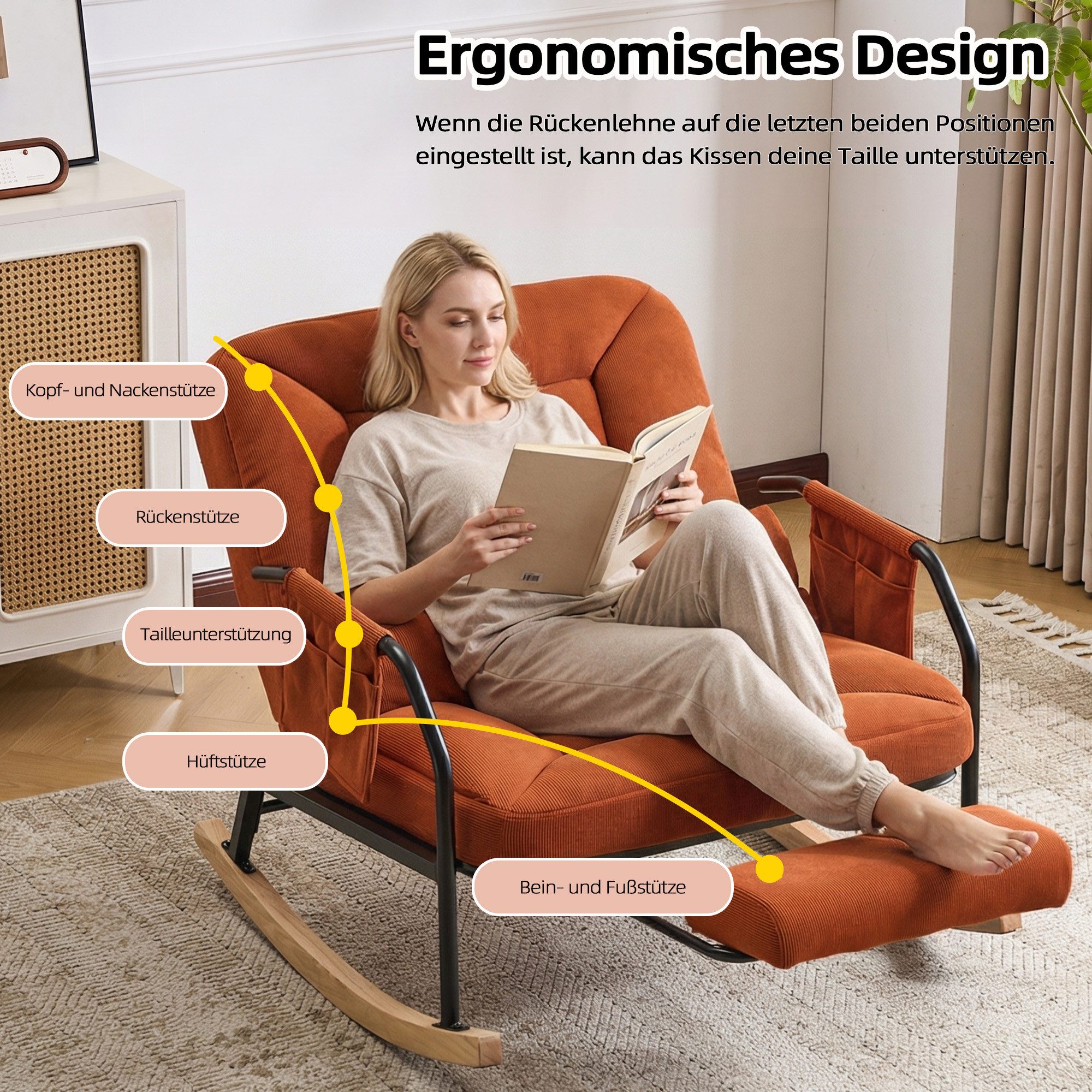 CANMOV Relaxsessel Schaukelstuhl mit ausziehbarer Fußstütze, Ergonomischer Schaukelsitz, mit Kissen und Fußstützung, verstellbare Rückenlehne 100°–160° – Bild 5 von 5