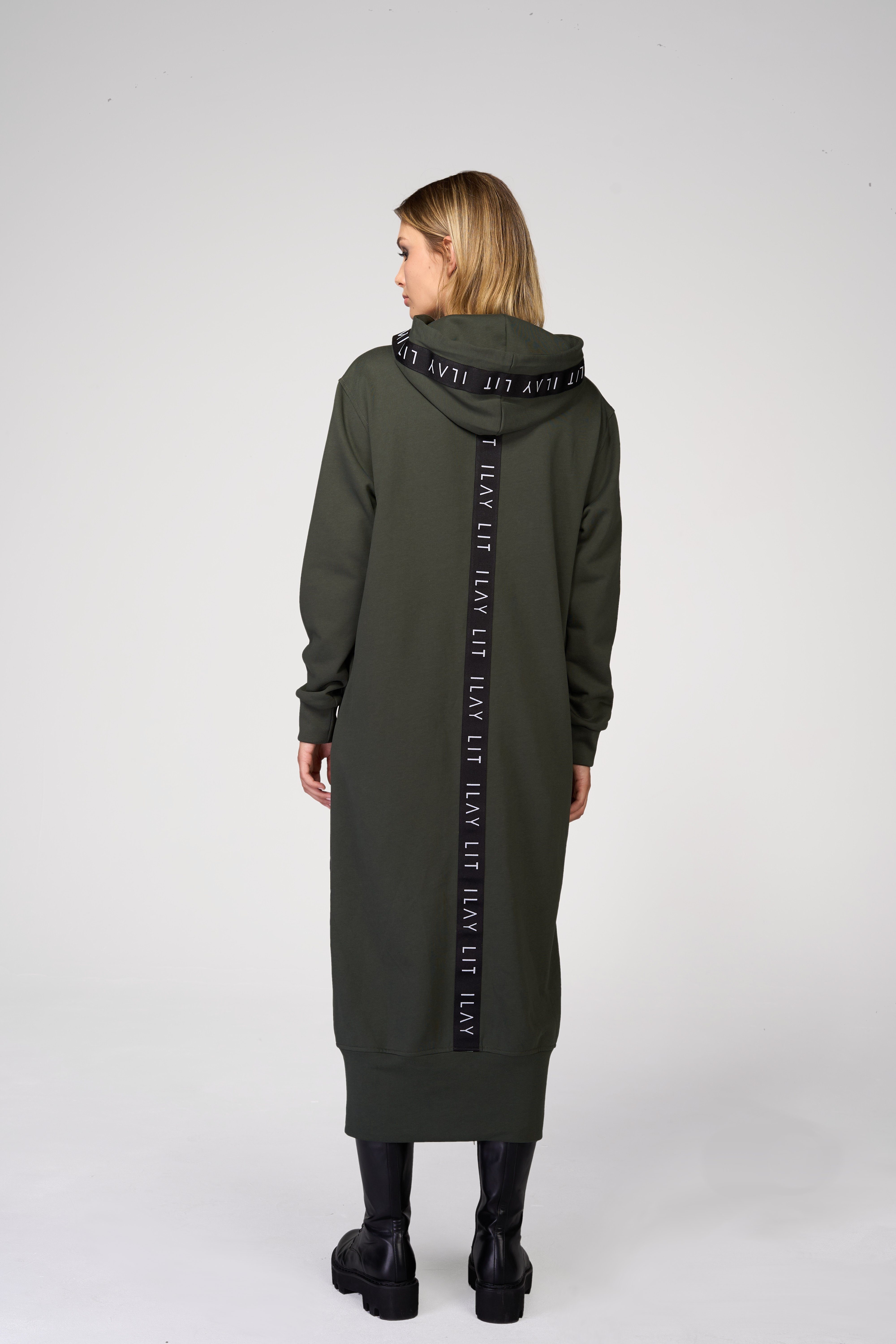 ILAY Lit Kapuzensweatjacke Long Coat-Olive-Lässiger Hoodiemantel im Urban Style Kapuze mit Tunnelzug und Labelband – Bild 3 von 5