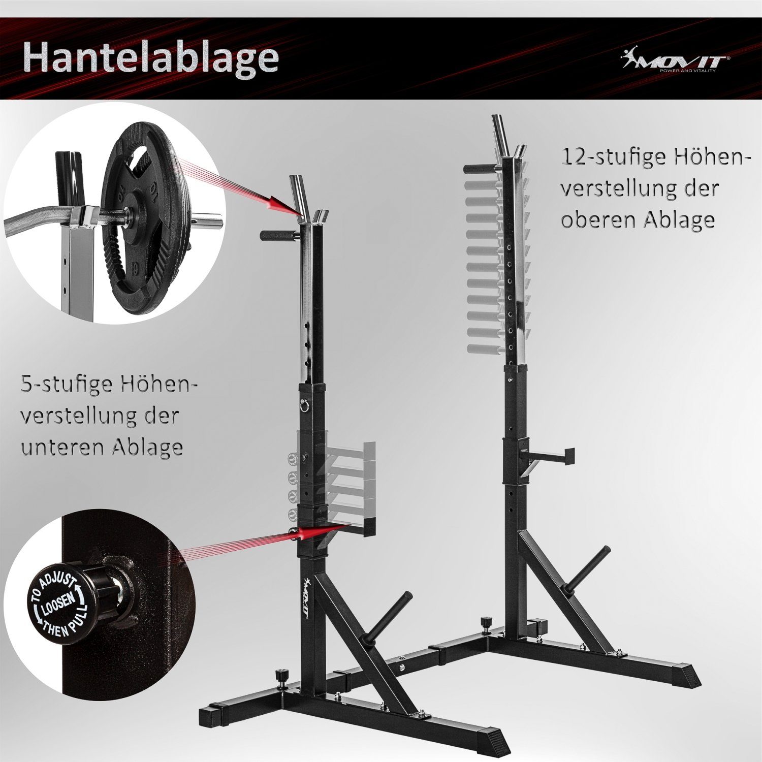 Dip-Station, Langhantel-Ablage Heim-Trainingsgerät MOVIT® Squat BASIC Hantel-Ständer mit Rack MOVIT Schwarz Kraftstation Home-Gym