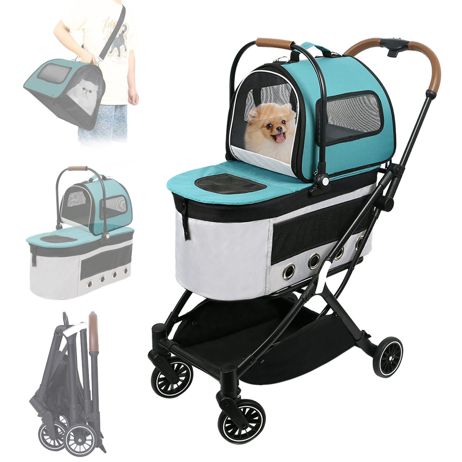TWSOUL Hundebuggy 4-in-1 Doppelstöckiger Hundebuggy Abnehmbarer Selbstfaltend, 10+15 kg, Hunde/Katzen Wasserdicht & stoßdämpfend, Abnehmbarem Schultergurt