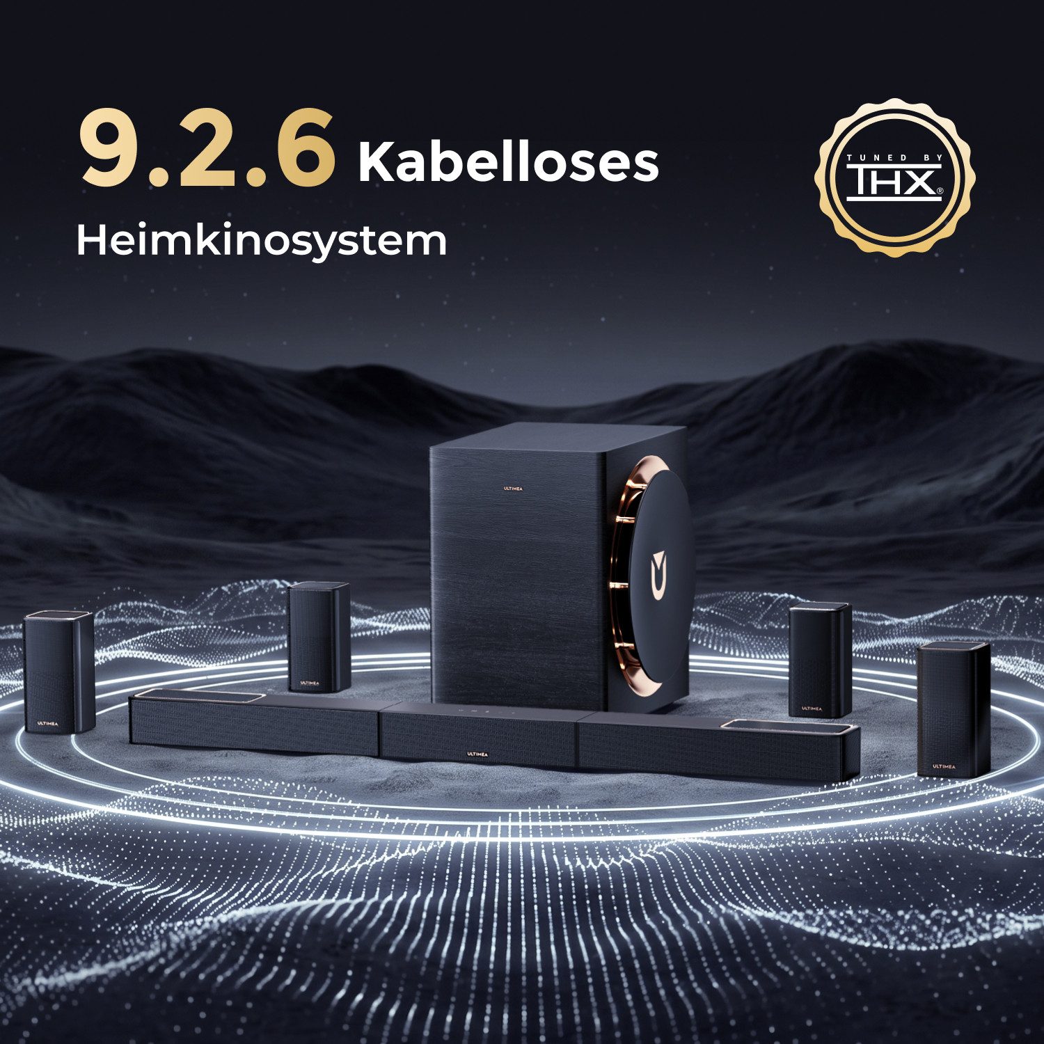 Ultimea Skywave X100 Dolby Atmos & DTS:X Soundbar 9.1.6-Kanal-Surround-Sound (Abgestimmt von THX, 1500 W, 20Hz Low Frequency, App, 8K-HDR-Passthrough, heimkino soundsyste)