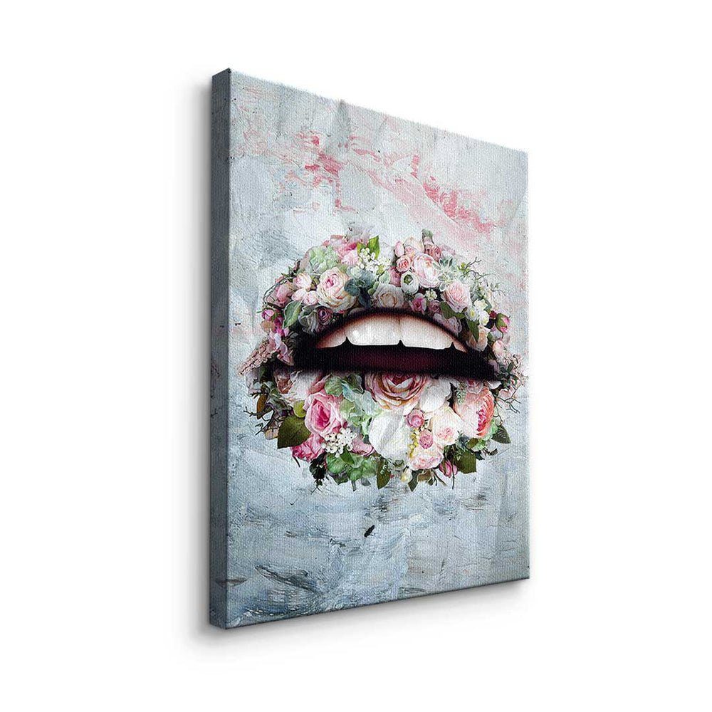 Pop Lips DOTCOMCANVAS® Wandbild Rahmen - Leinwandbild, - modernes & Flowers weißer - Premium Art Leinwandbild