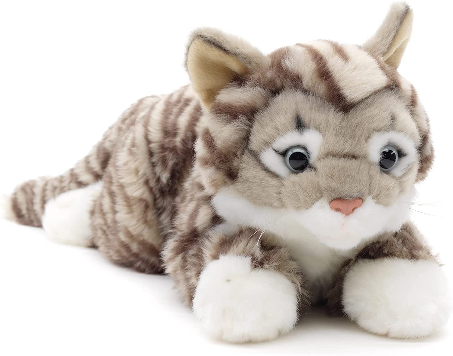 Uni-Toys Kuscheltier Katze mit getigertem Fell - grau / braun - 38 cm - Plüsch, Plüschtier, zu 100 % recyceltes Füllmaterial