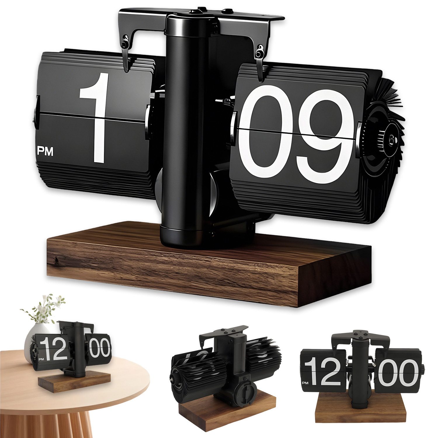 AKKEE Tischuhr Pendeltischuhr Retro Digital Flip Down Uhr Mit stabilem Standfuß automatisches Drehen, mechanische Schreibtischuhr