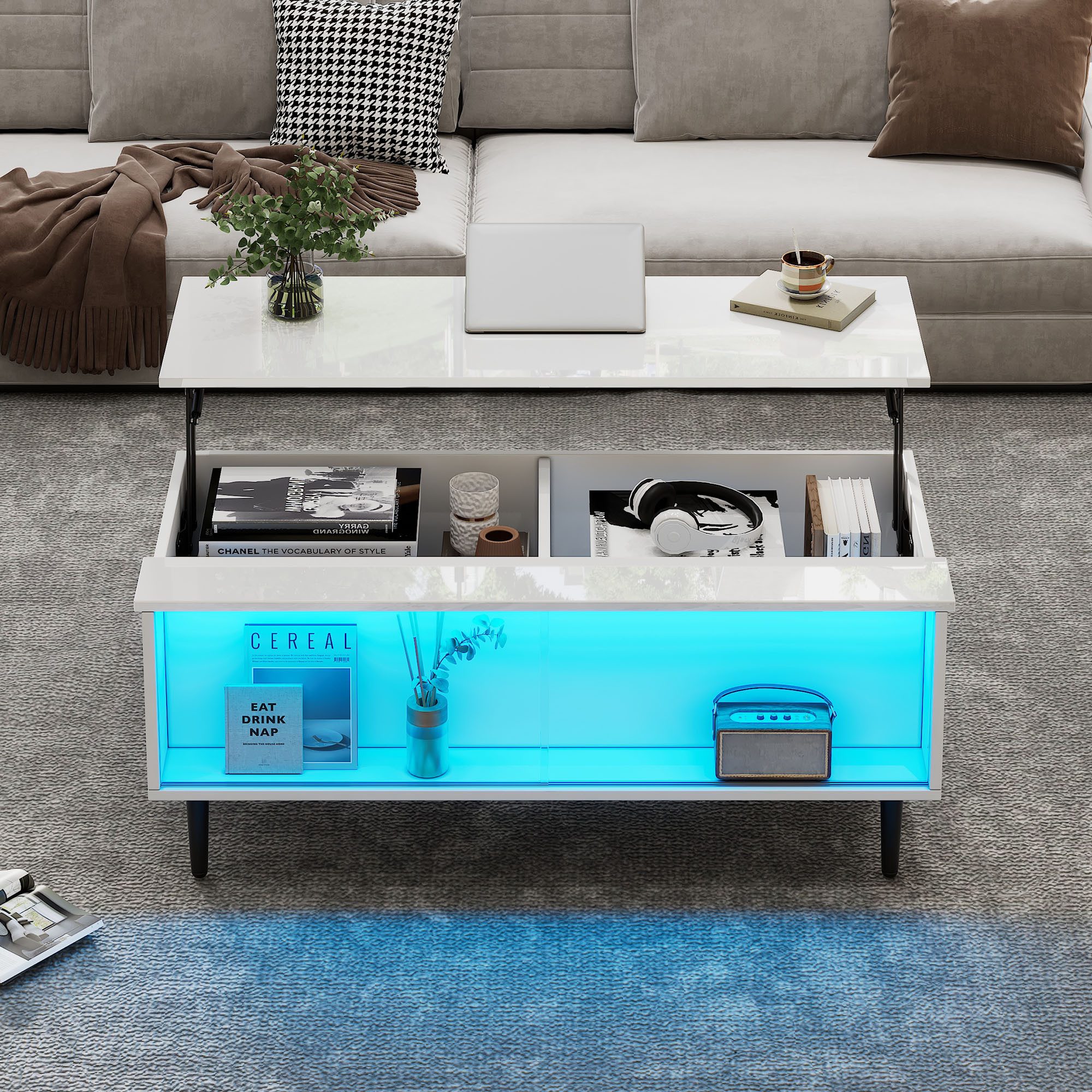 MODFU Couchtisch 105 x 50 x 43 cm, ausziehbar bis 58 cm (Satztisch, Wohnzimmertisch, Sofatisch, 1-St., Ausstellungsfläche aus gehärtetem Glas), mit Verstecktem Stauraum, LED-Licht
