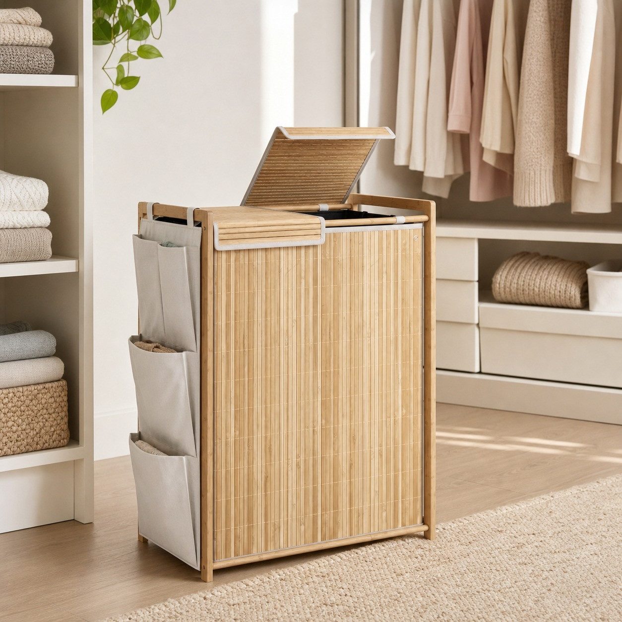 MODFU Wäschekorb Bambus Wäschekorb 120L Natur mit Wäschesack (1 St., Wäschesammler für Bad, Schlafzimmer und Haushalt), Wäschebox mit Kordelzug Sack und Seitentaschen