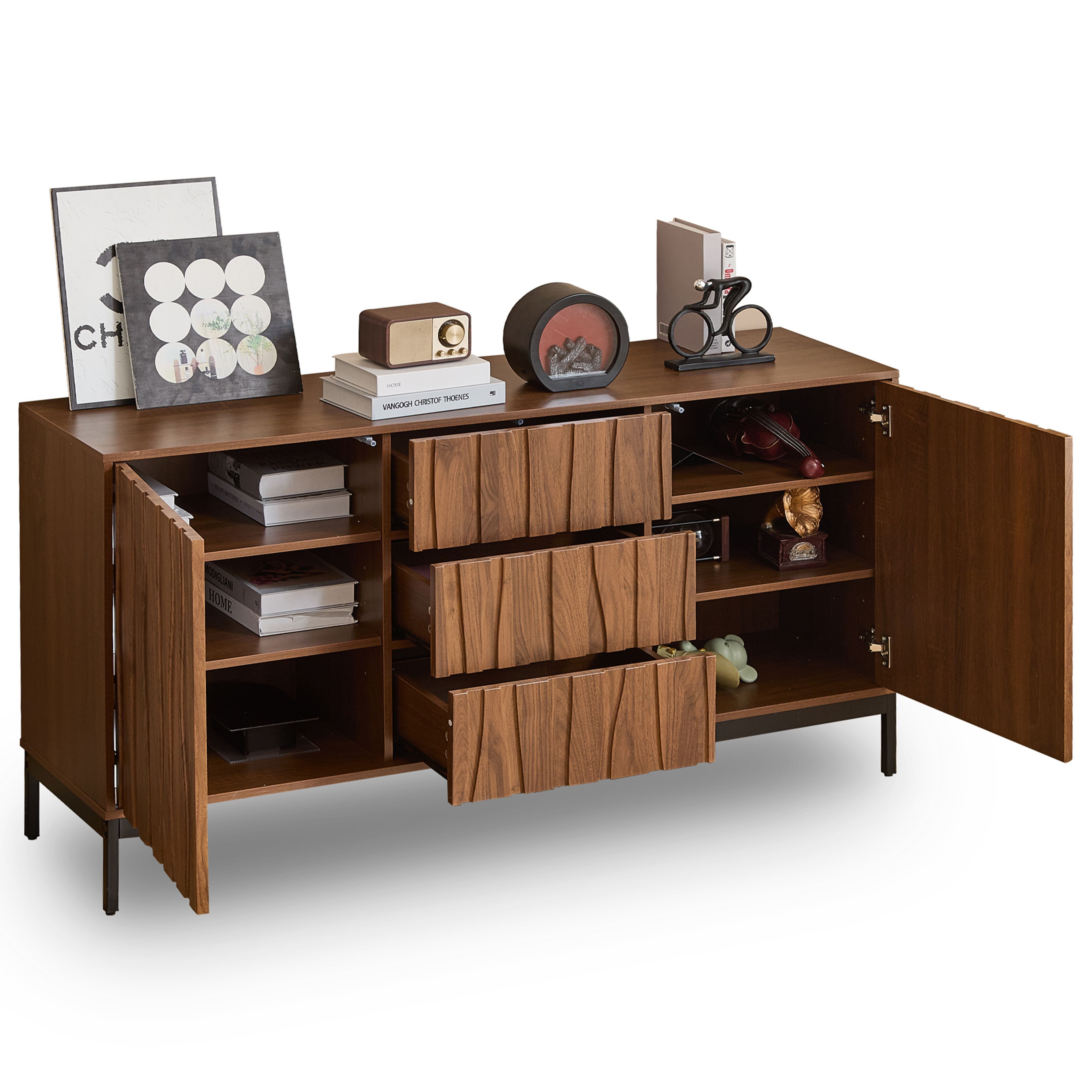 BlingBin Sideboard Kommode, Küchenschrank Eiche Dunkel Gemasert mit 3 Schubladen (1er Set, 1 St., Einteilige Aussparung, 150*40*80cm), Modern Dekorativer Schrank für Küche, Wohnzimmer, Eingangsbereich