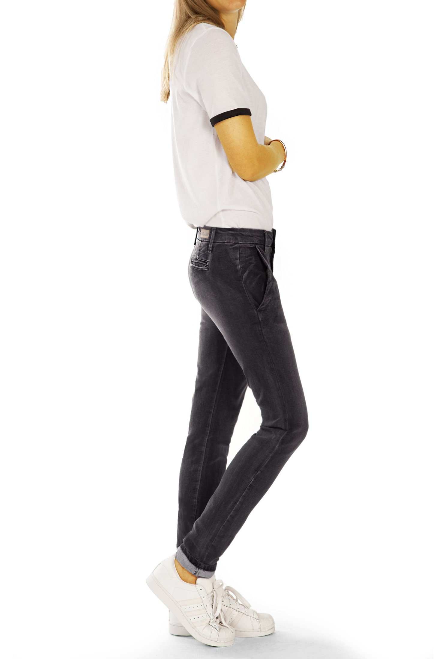 in styled Unifarben Stoffhosen Hüftige be Hose j10m-3 mit Hüfthosen - - Chino Chinohose Stretch, grau Damen