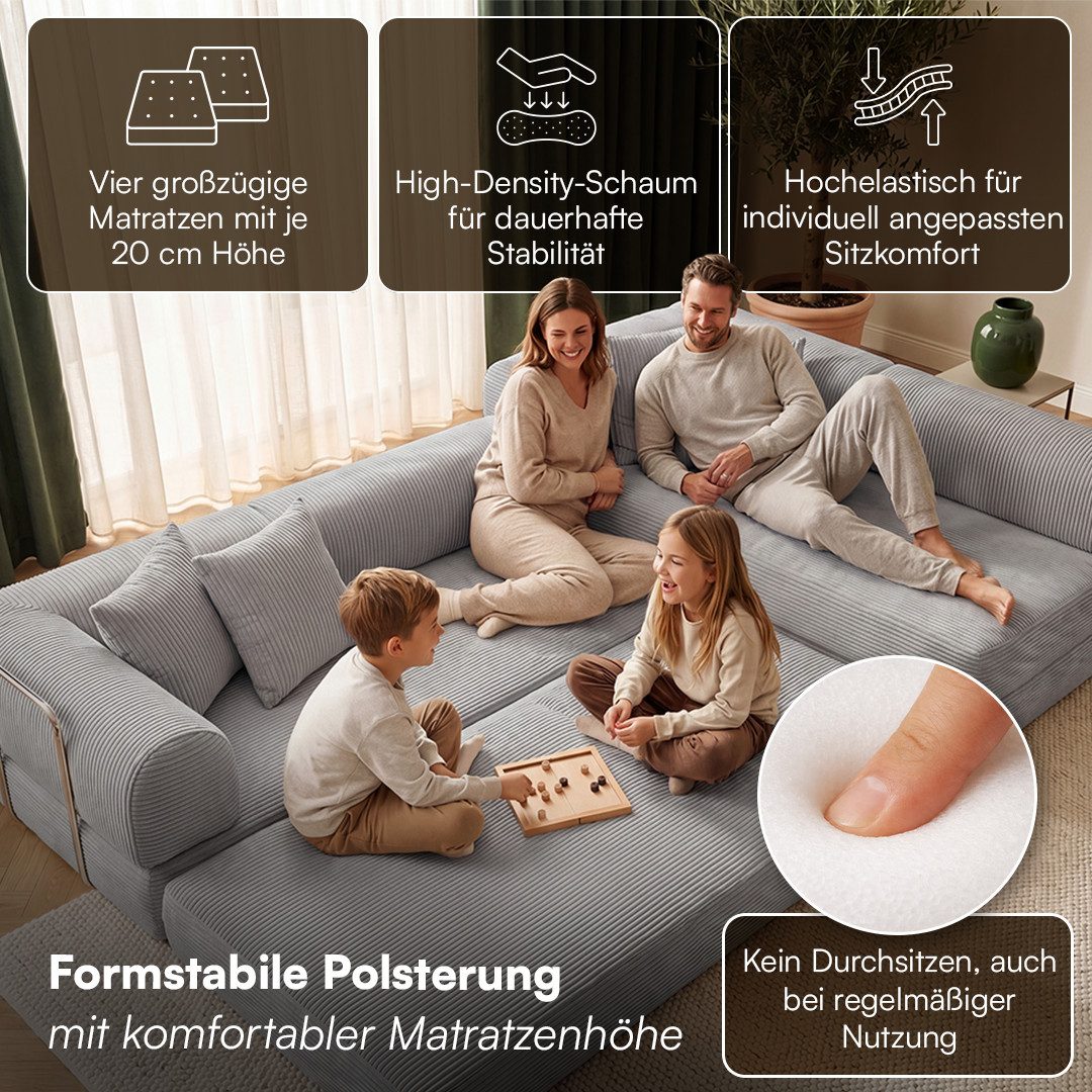 skølm Sofa & Sessel Lofn aus Vollschaum Cord, umwandelbar zum Schlafsofa/-Sessel, Hellgrau, Ecksofa 300 cm breit, 4 Sitzer, kein Aufbau erforderlich, vakuumiert