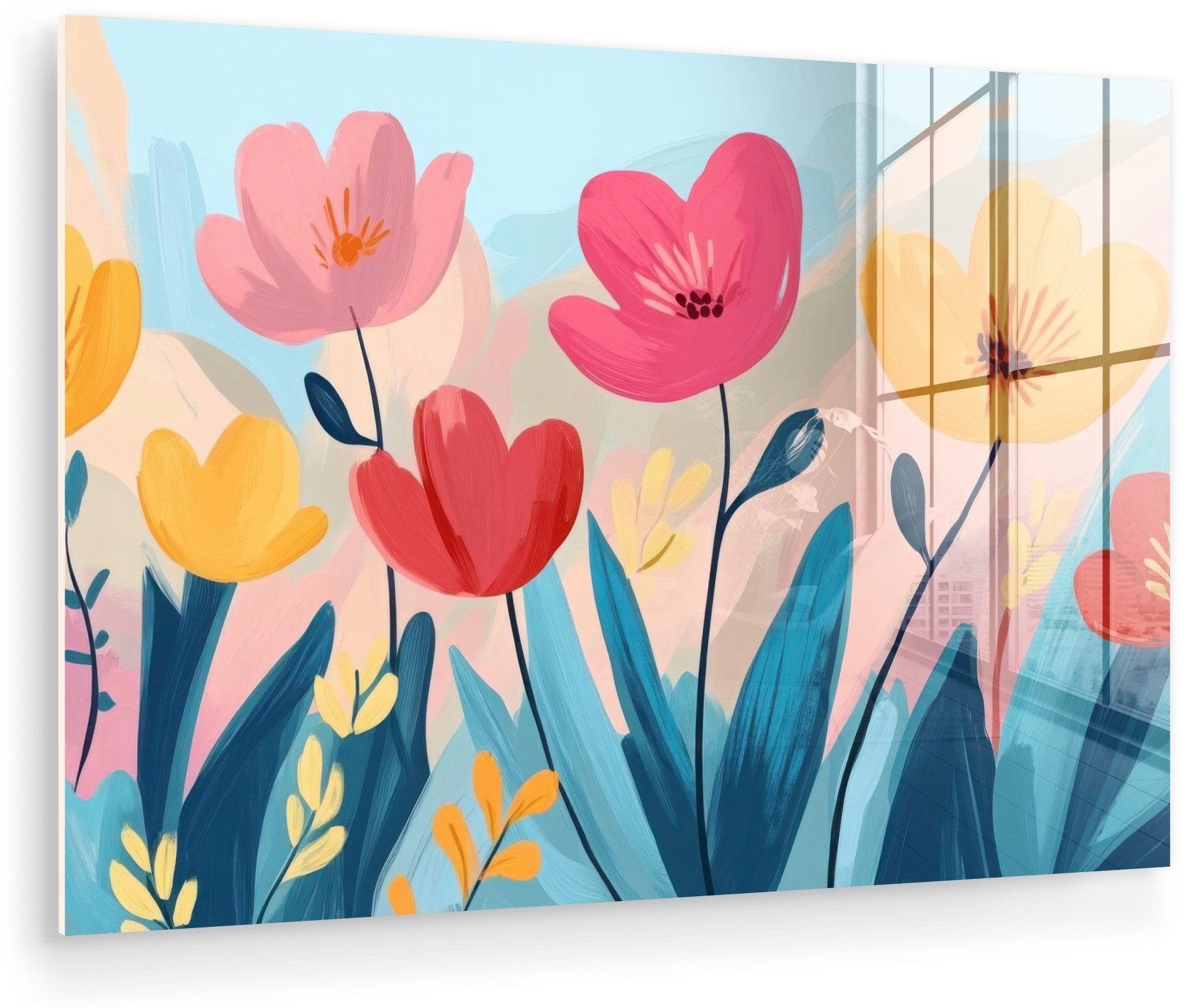 MuchoWow Acrylglasbild Illustration - Blumen - Farbenfroh, Inkl. Aufhängung, Glasbilder Wohnzimmer, Schlafzimmer, Flur & Esszimmer, 30x20 cm