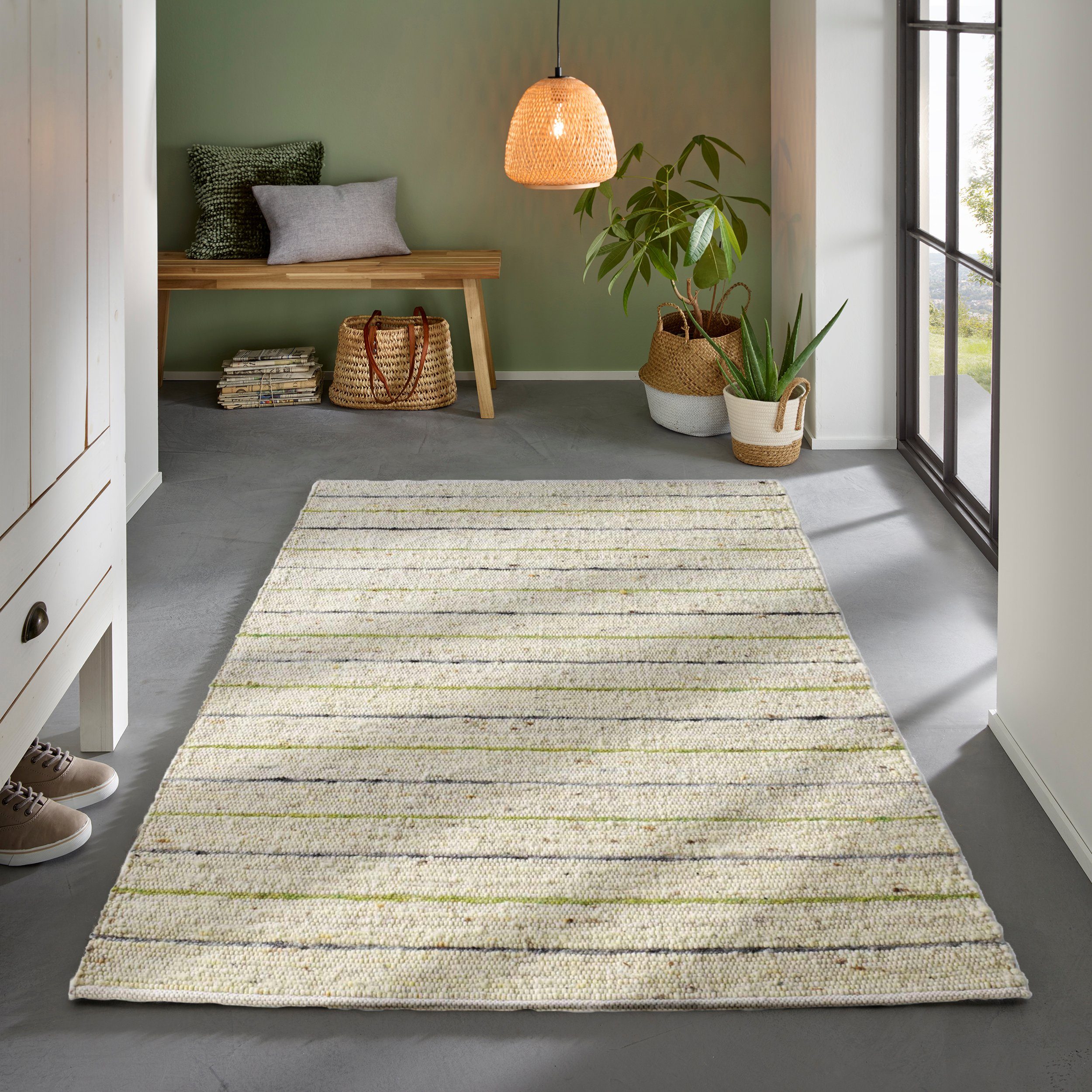 TaCa Home Wollteppich Handweb Woll-Teppich gestreift, rechteckig, Höhe: 18 mm, nachhaltige Schurwolle Wohnzimmer Schlafzimmer, Grün - 70 x 130 cm