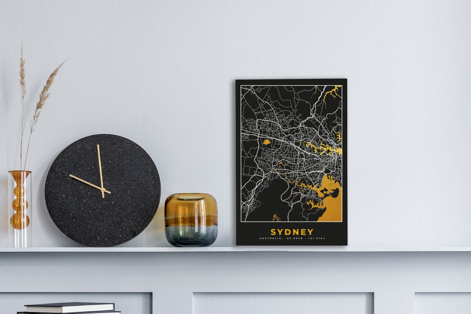 OneMillionCanvasses® Leinwandbild (1 Stadtplan bespannt Zackenaufhänger, - Gold fertig Sydney Karte, 20x30 inkl. St), Leinwandbild - - Gemälde, cm