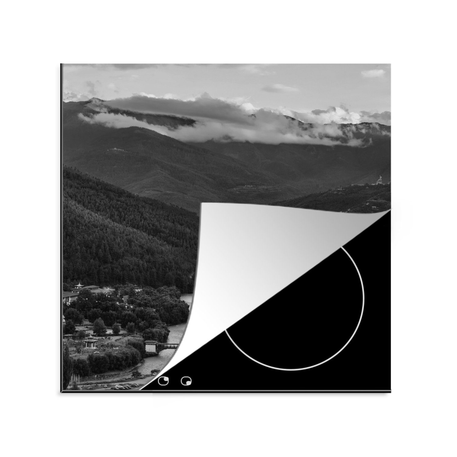 MuchoWow Herdblende-/Abdeckplatte Bhutan - Schwarz - Weiß - Stadt, Vinyl, (1 tlg), 78x78 cm, Ceranfeldabdeckung, Arbeitsplatte für küche