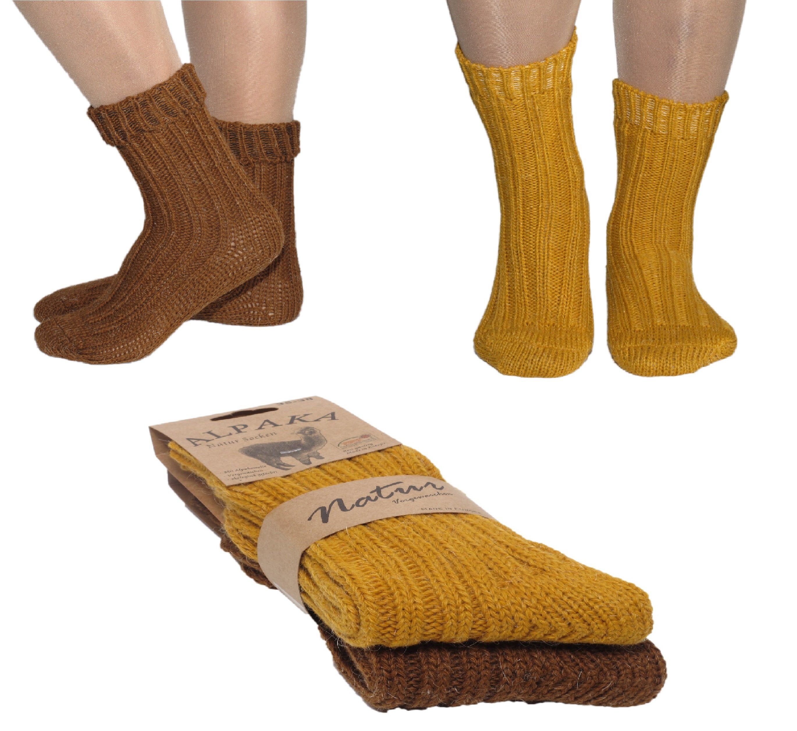 Rungassi Socken 2er Set (2Paar) Alpaka Socken Wollsocken gestrickt Strümpfe 35-38 Gelb
