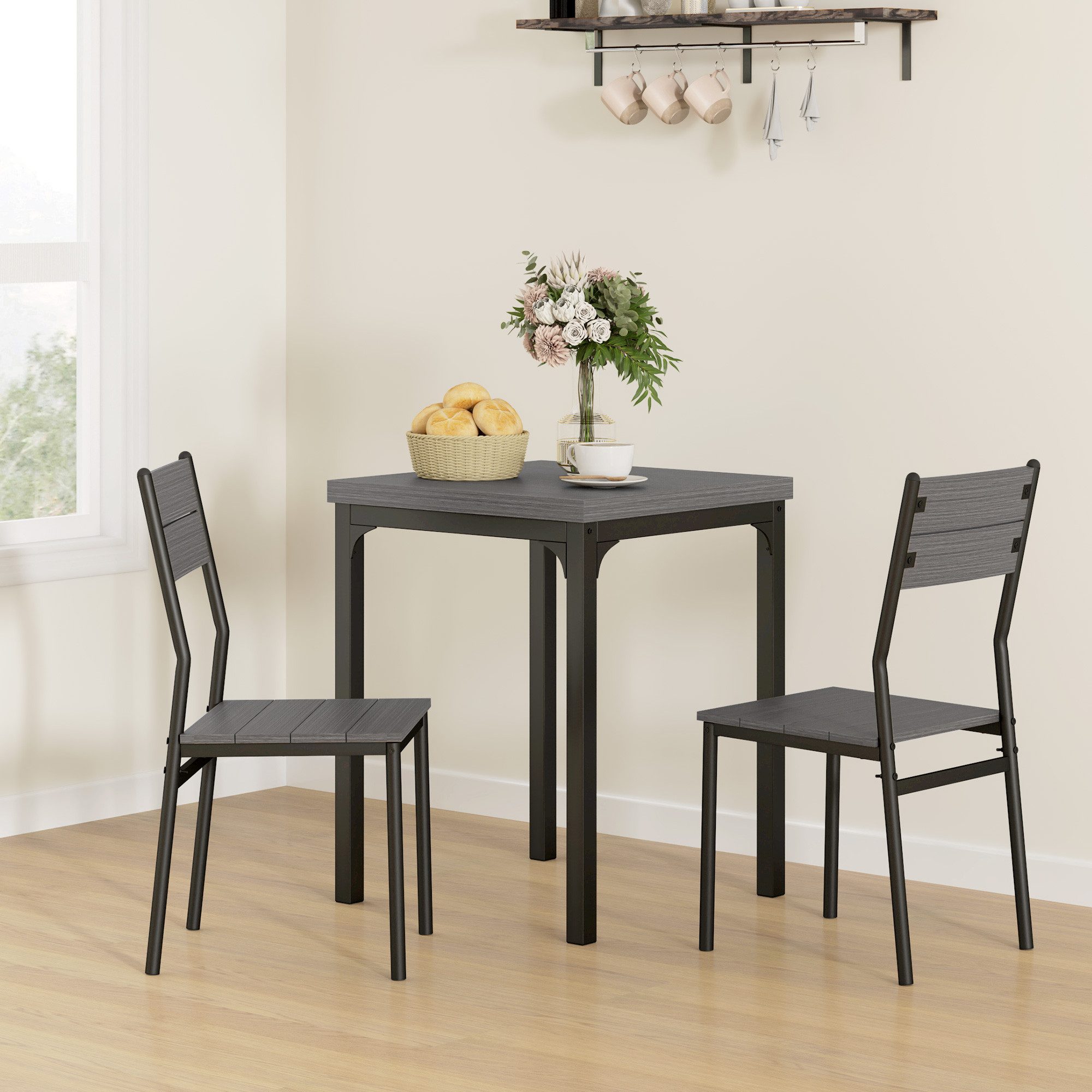 HOMCOM Essgruppe Esstisch mit 2 Stühlen, 4 cm Tischplatte, Metallgestell, Grau, (Esstisch mit 2 Stühlen, 3-tlg., Sitzgruppe), Esszimmergruppe mit Metallgestell Grau