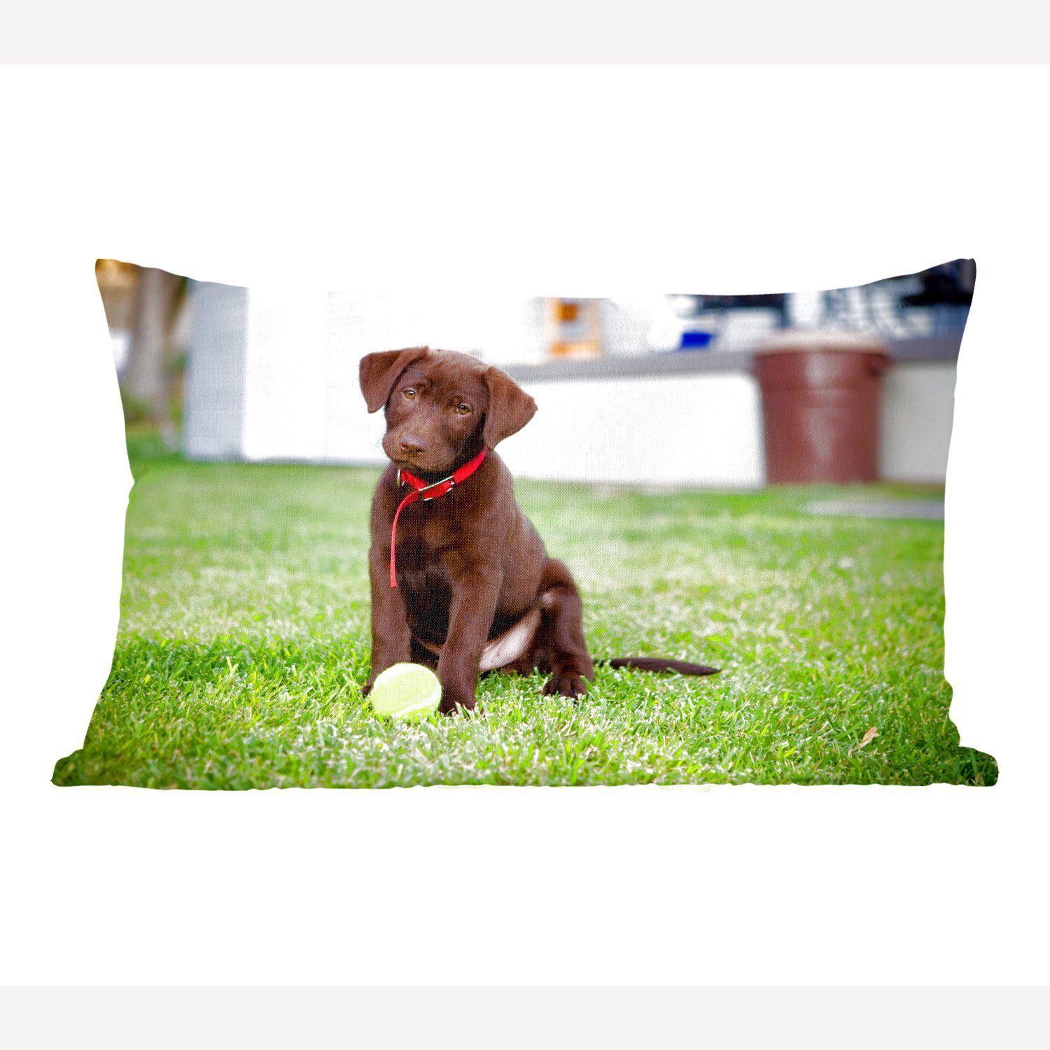 MuchoWow Dekokissen Labrador Retriever Welpe mit einem Tennisball, Wohzimmer Dekoration, Zierkissen, Dekokissen mit Füllung, Schlafzimmer