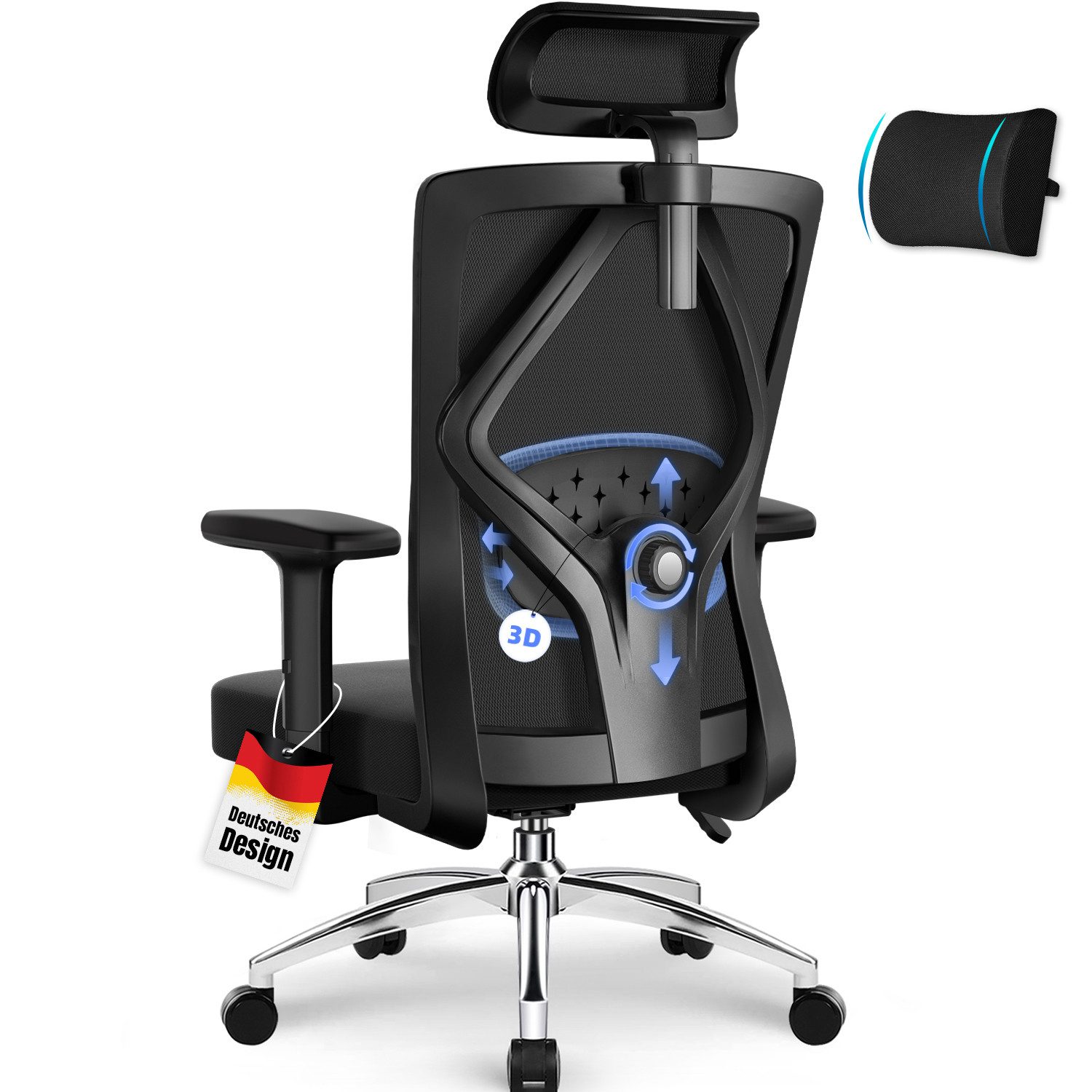 Lexzurn Bürostuhl Bürostuhl ergonomisch, Schreibtischstuhl 3D Memory-Schaum Lendenstütze (Wippfunktion bis 135°, Bis 200kg Belastar, Atmungsaktiv Mesh), Höhenverstellbarer Chefsessel Drehstuhl