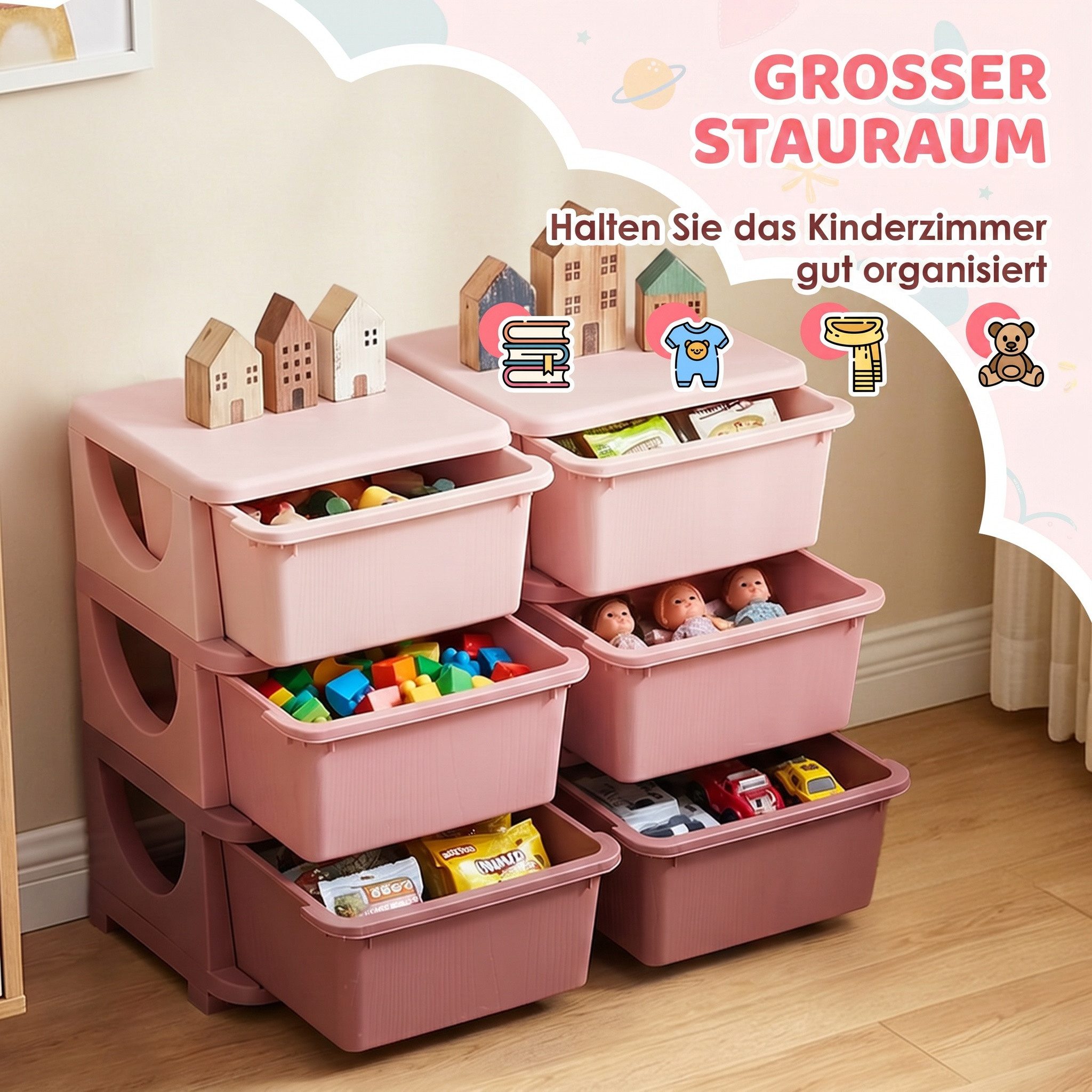 HOMCOM Spielzeugtruhe Schubladenschrank, Spielzeug-Organizer, sechs Ebenen, 3-6 Jahre (Spielzeugkiste, 1 St., Aufbewahrungsbox), für Kinderzimmer, Blau – Bild 5 von 5