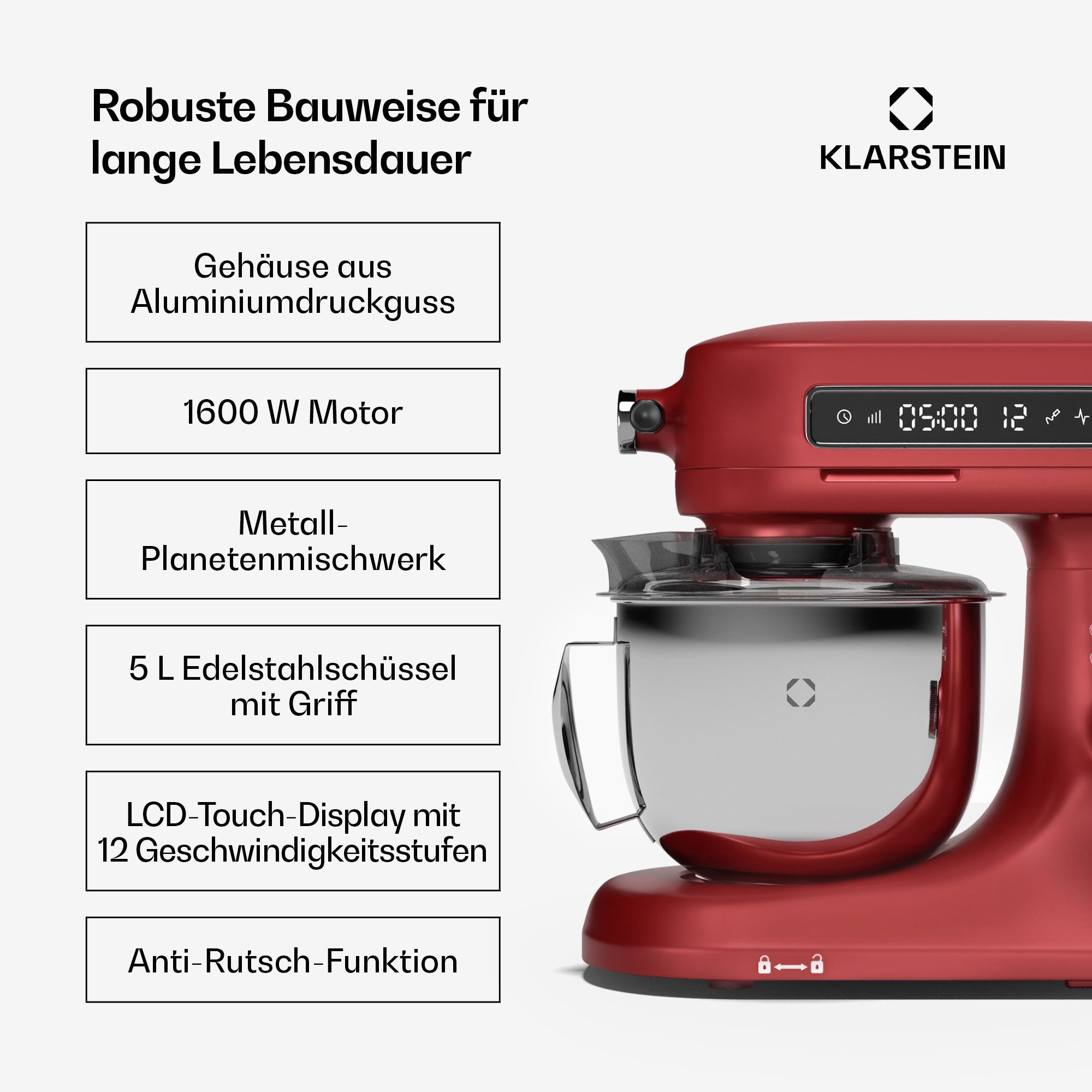 Klarstein Küchenmaschine mit Kochfunktion, 1600 W, 5 l Schüssel, Knethaken Rührbesen Schneebesen 5 L LCD Touch