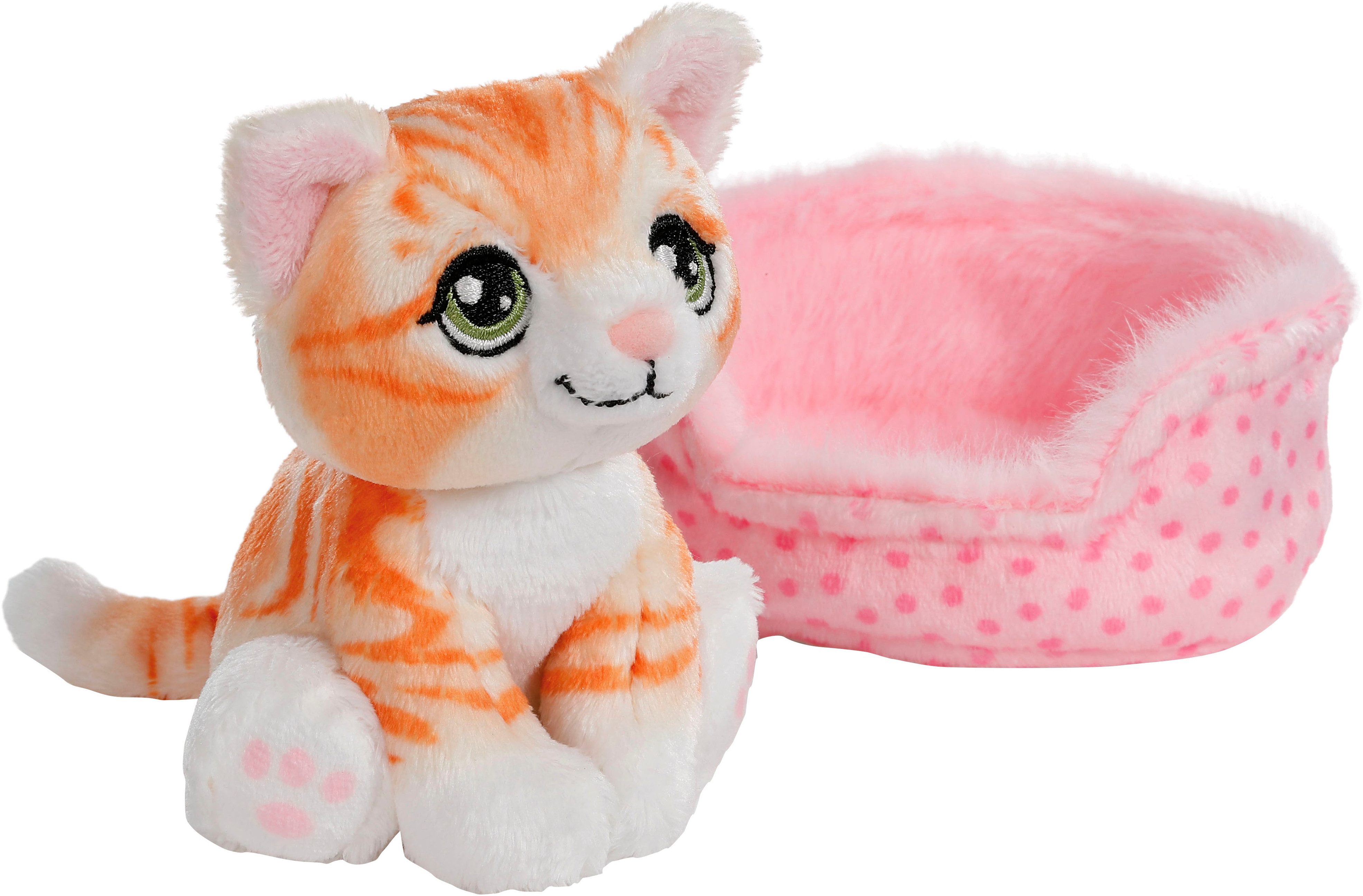 Nici Kuscheltier Little Paws, Katze rot getigert, 12 cm, im Körbchen rosa