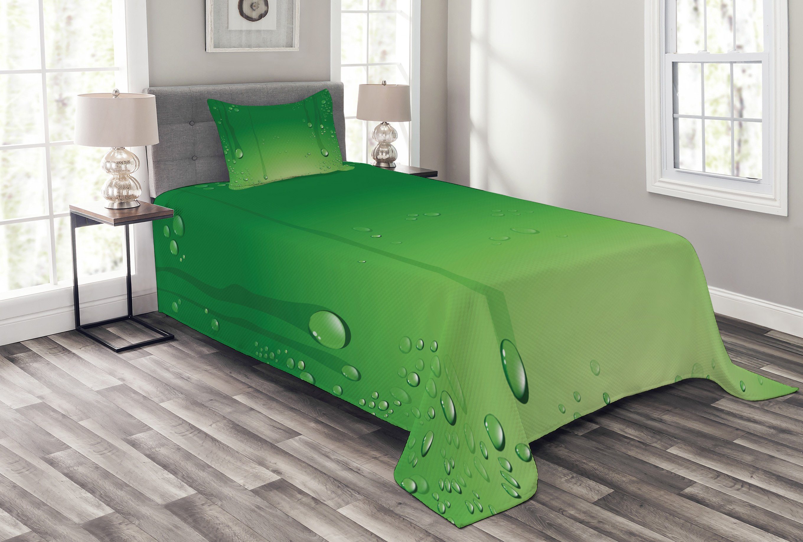 Tagesdecke Set mit Kissenbezügen Waschbar, Abakuhaus, Grün Abstrakte Kunst Wassertropfen