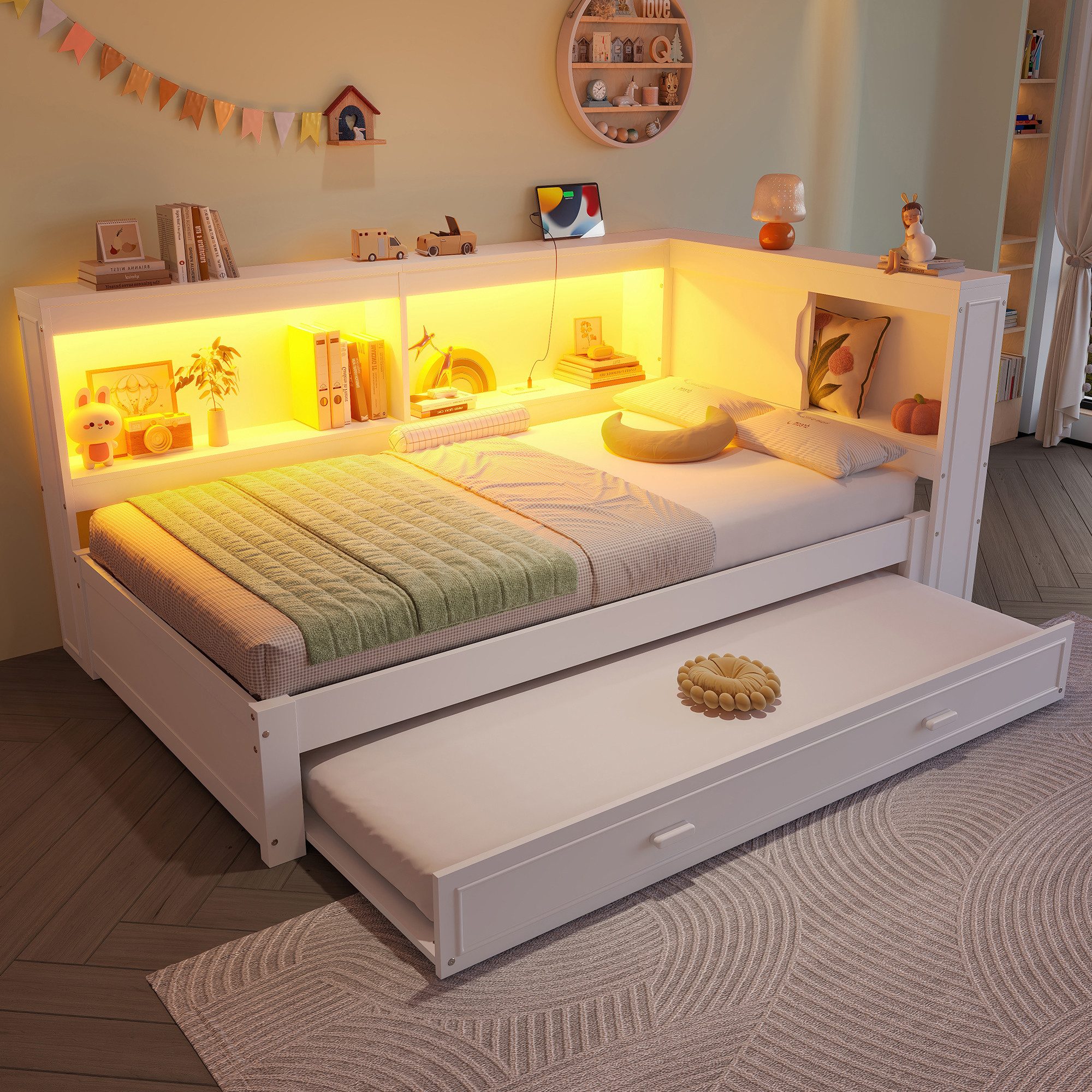 Odikalo Schlafsofa 90x200 Schlafcouch Tagesbett mit LED, Daybett, 90x200 cm mit ausziehbarem Bett, Mit LED-Leuchten, Mit Steckdose, 1 USB-Anschlüssen, 1 Typ-C ausgestattet, Ohne Matratze, Weiß