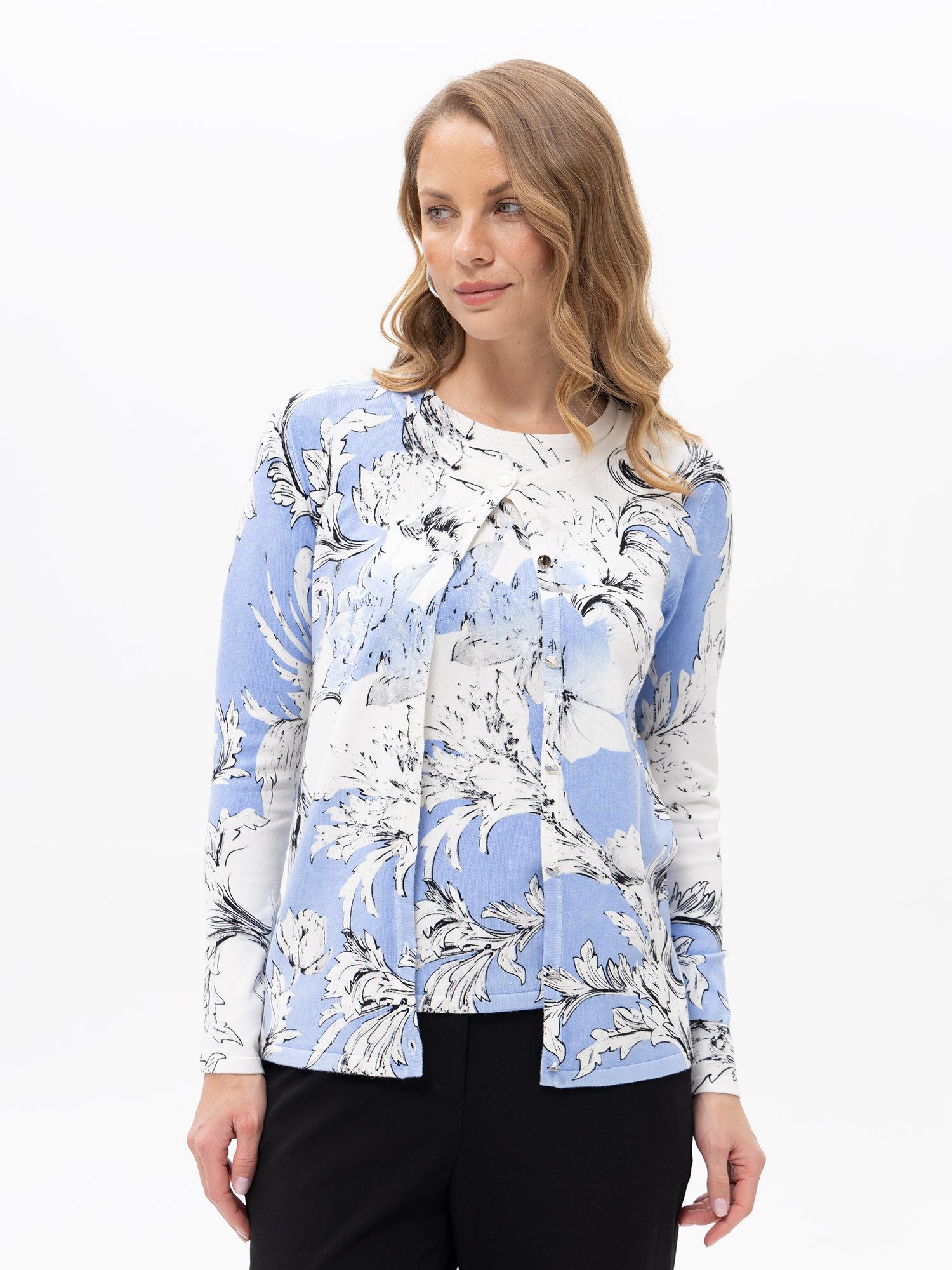 Passioni 2-in-1-Strickjacke Twinset mit floralem Muster Blau-Weißes Florales Muster