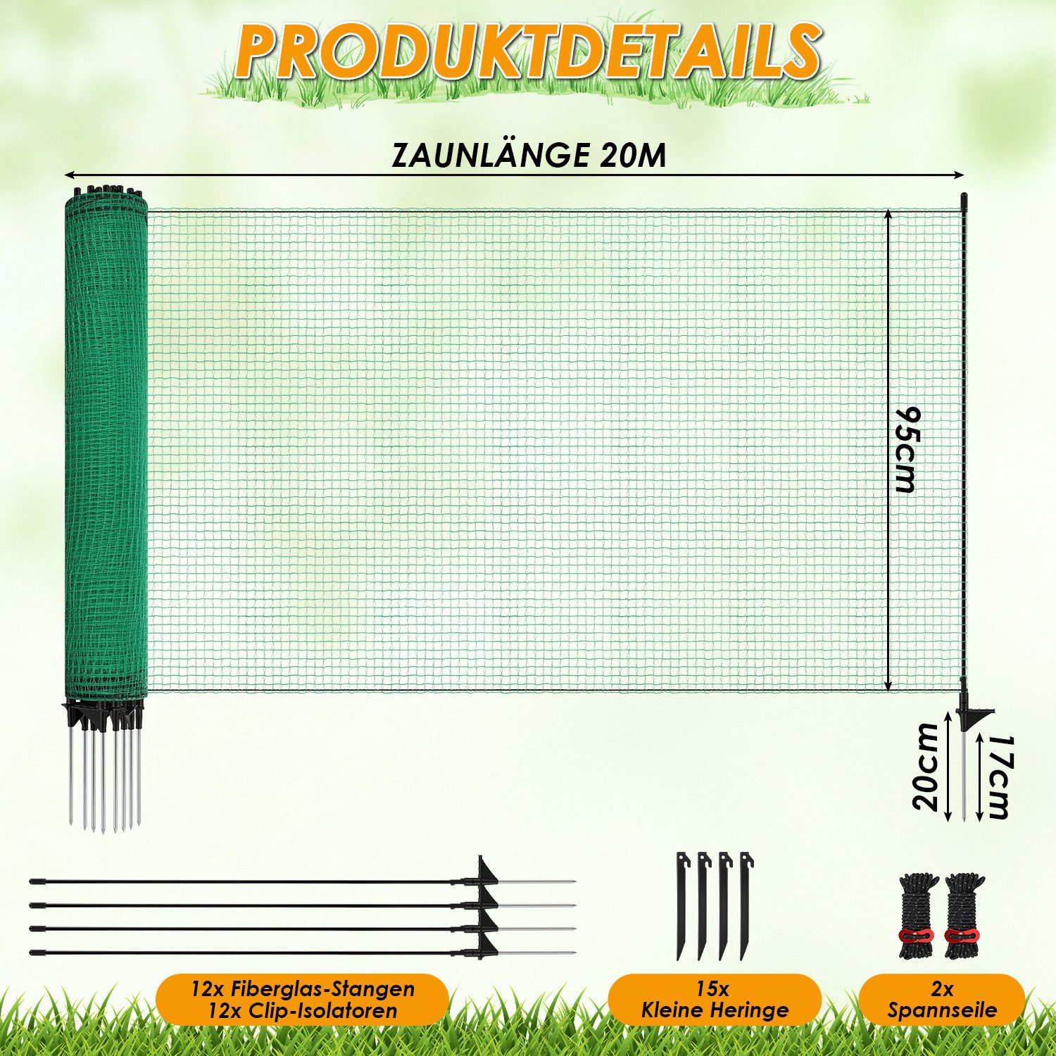 Clanmacy Freigehege Mobiler Hundezaun Begrenzungszaun Weidezaun 115 cm x 20 m für Hunde