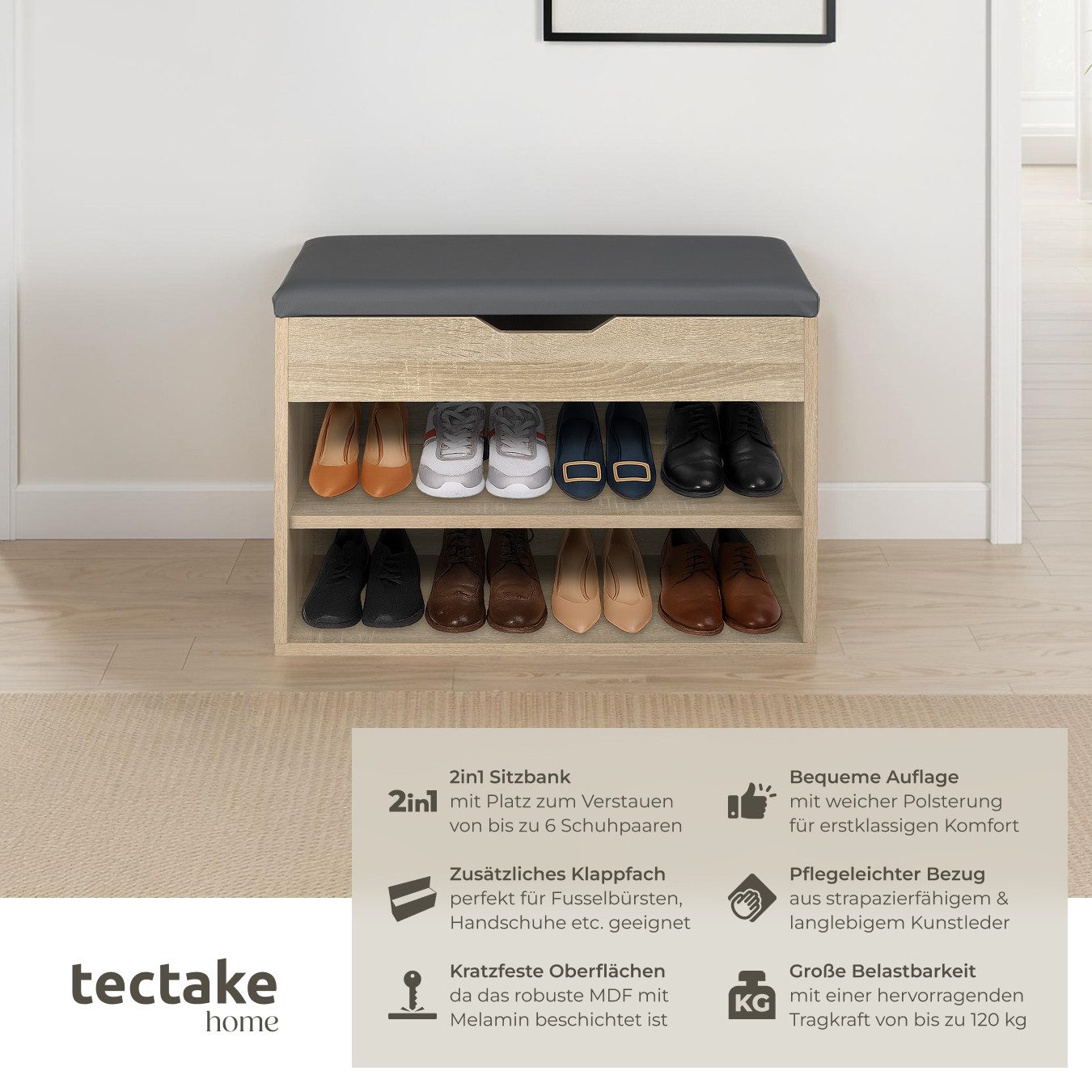tectake Schuhschrank Schuhbank Jasmina mit Sitzpolster für 6 Paar Schuhe, 6 günstig online kaufen