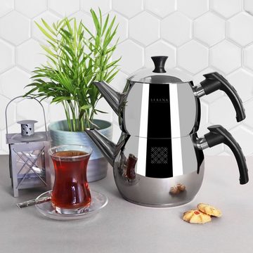 SERENK Teekanne Serenk Modernist Türkisches Teekanne-Set, Caydanlik, Schwarzer Griff, 2,5 l