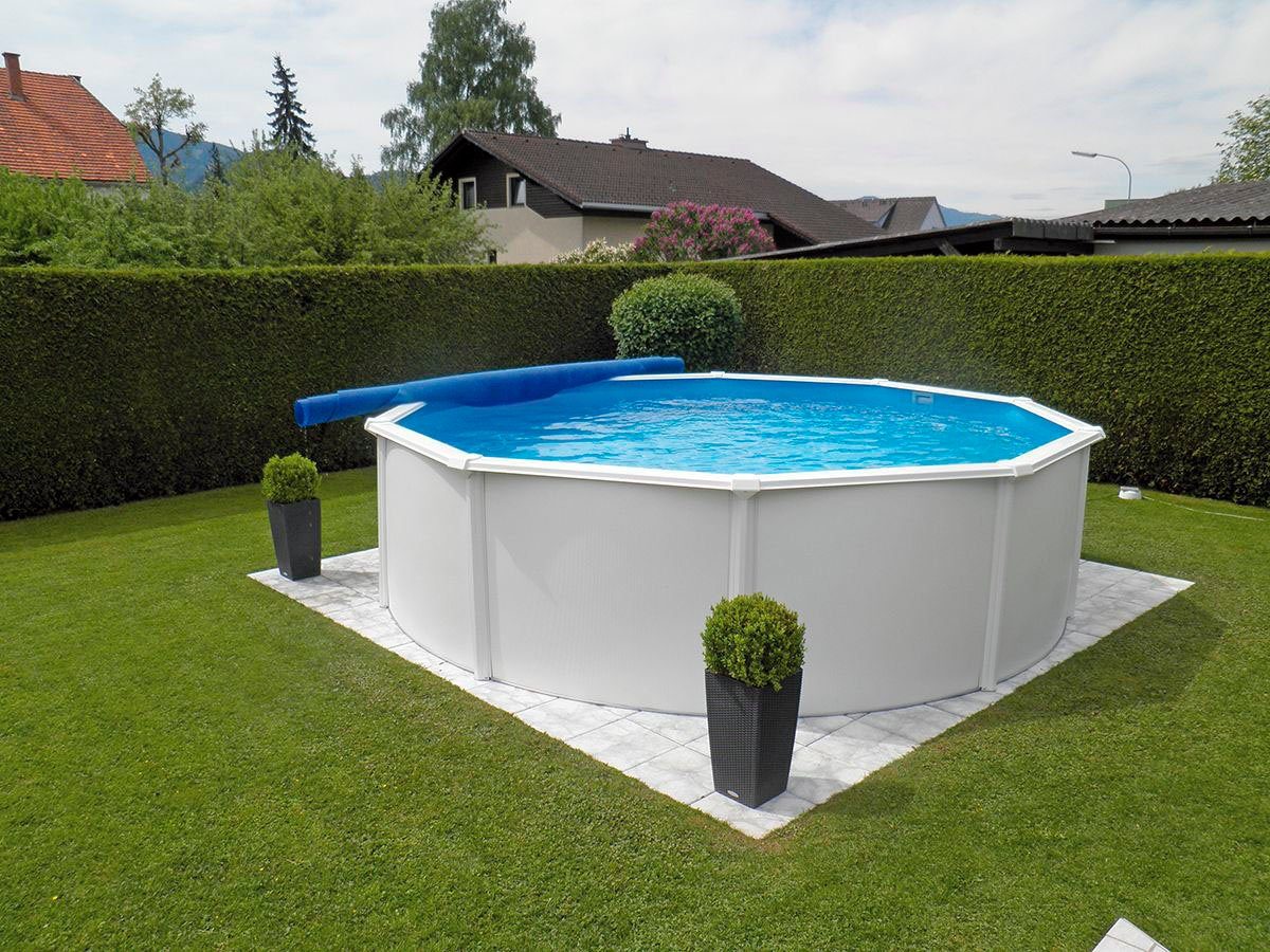 KWAD Rundpool Steely Deluxe Heat inkl. Solarabdeckplane (Set, 7-tlg), Höhe: 120 cm, mit Sandfilteranlage, Quarzsand und weiterem Zubehör