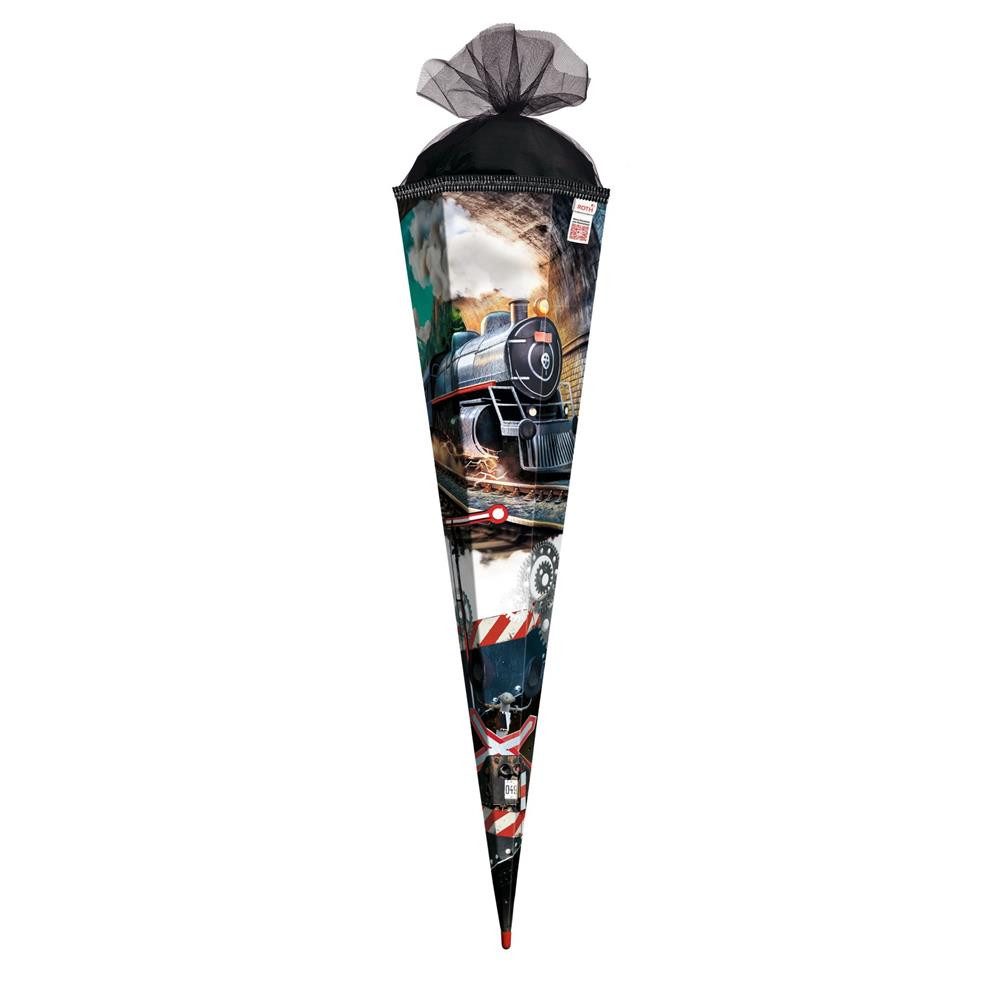 Roth Schultüte Dampflok, 85 cm mit Glitzerborte, eckig, 6-eckig, Tüllverschluss, Roth-Spitze