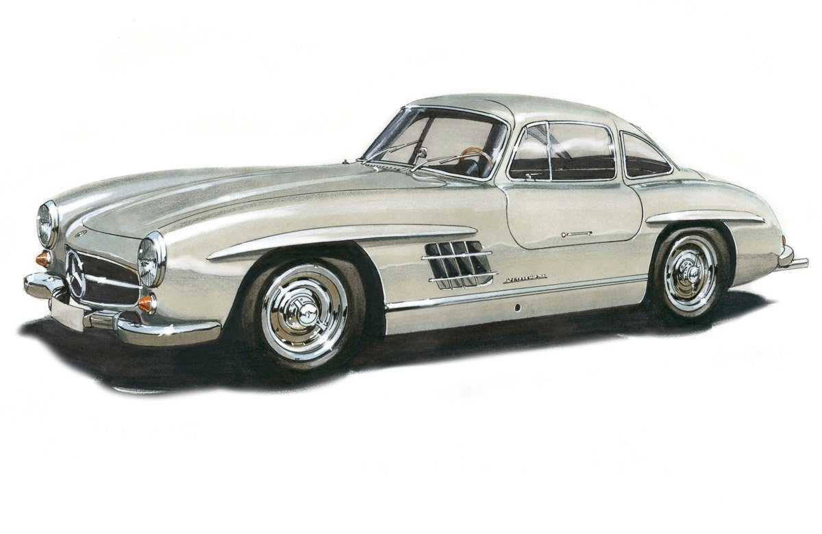 Papermoon Fototapete MB300SL GULLWING 1954 -VINTAGE AUTO ILLUSTRATION RETRO