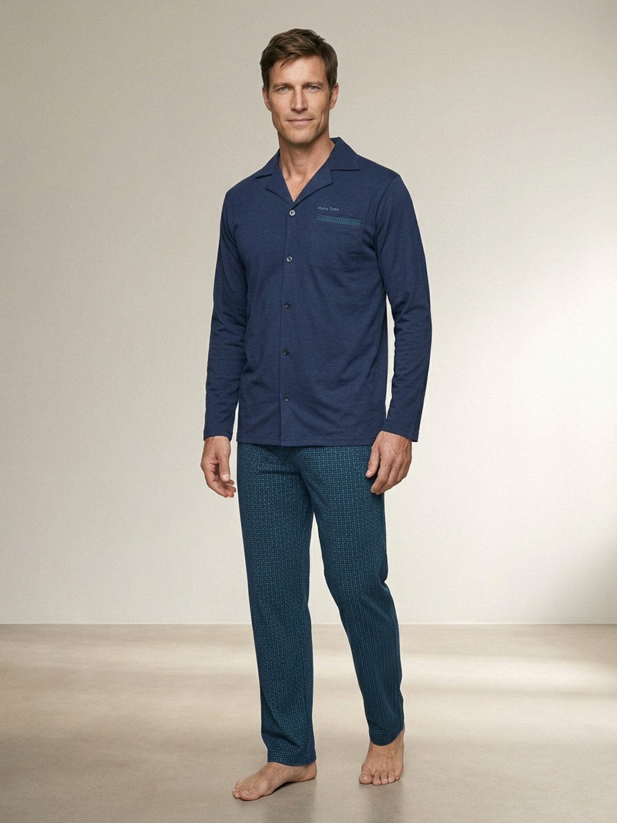 Henry Terre Pyjama Kent langarm - Hose dezenter Print Shirt uni Hemdkragen durchgeknöpft