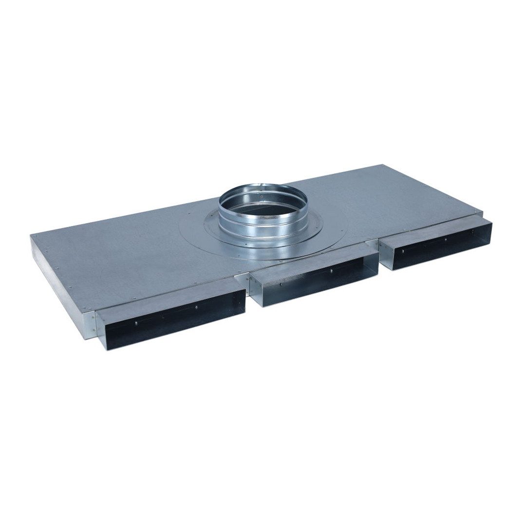 Subtiel Lüftungsschacht Flachkanal Verteiler 250 x 50 mm, drei Eingänge, ein Ausgang Ø 180 mm, 90x35x10 cm