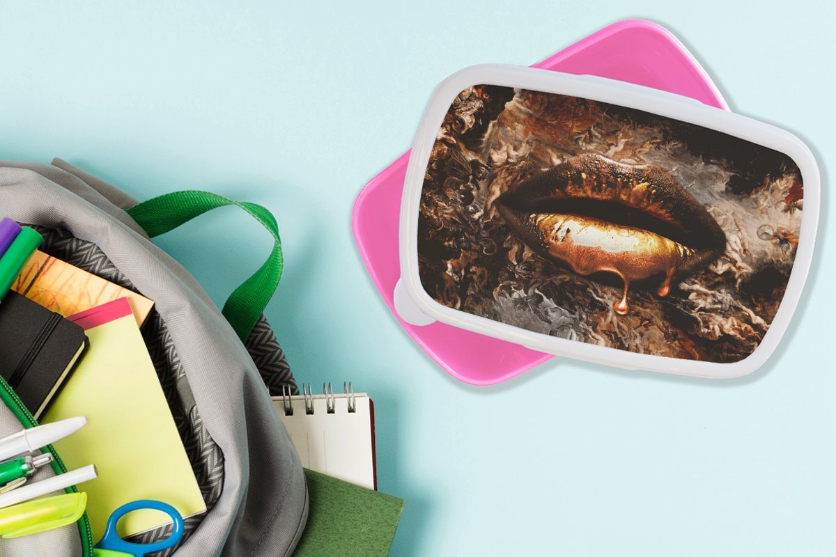 MuchoWow Lunchbox Abstrakt, - - - Snackbox, Luxus - Kinder, (2-tlg), Kunst Gold Gold Mädchen, für Erwachsene, - Kunststoff Brotbox Kunststoff, Lippen Brotdose rosa
