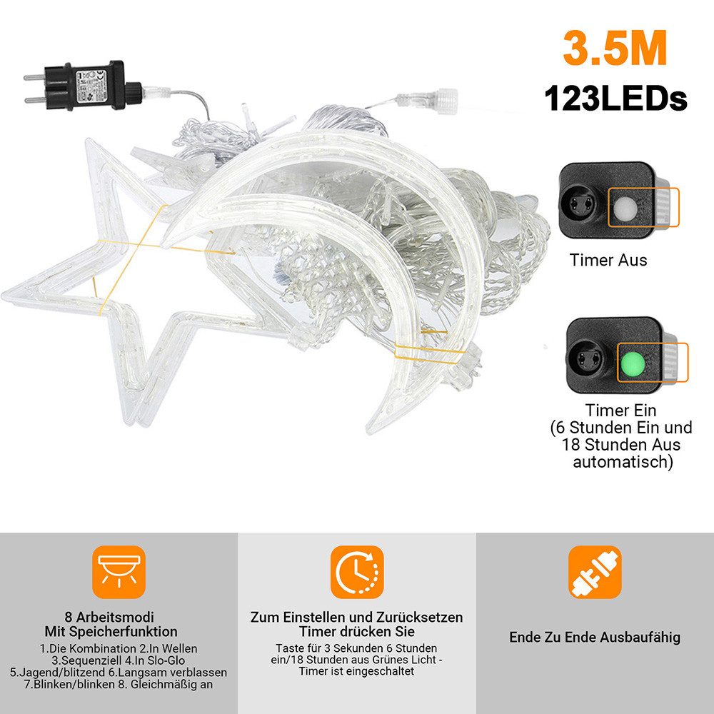 Sunicol Lichterkette Sterne Mond LED Lichtervorhang mit Stecker, 8 Modi, Ti günstig online kaufen