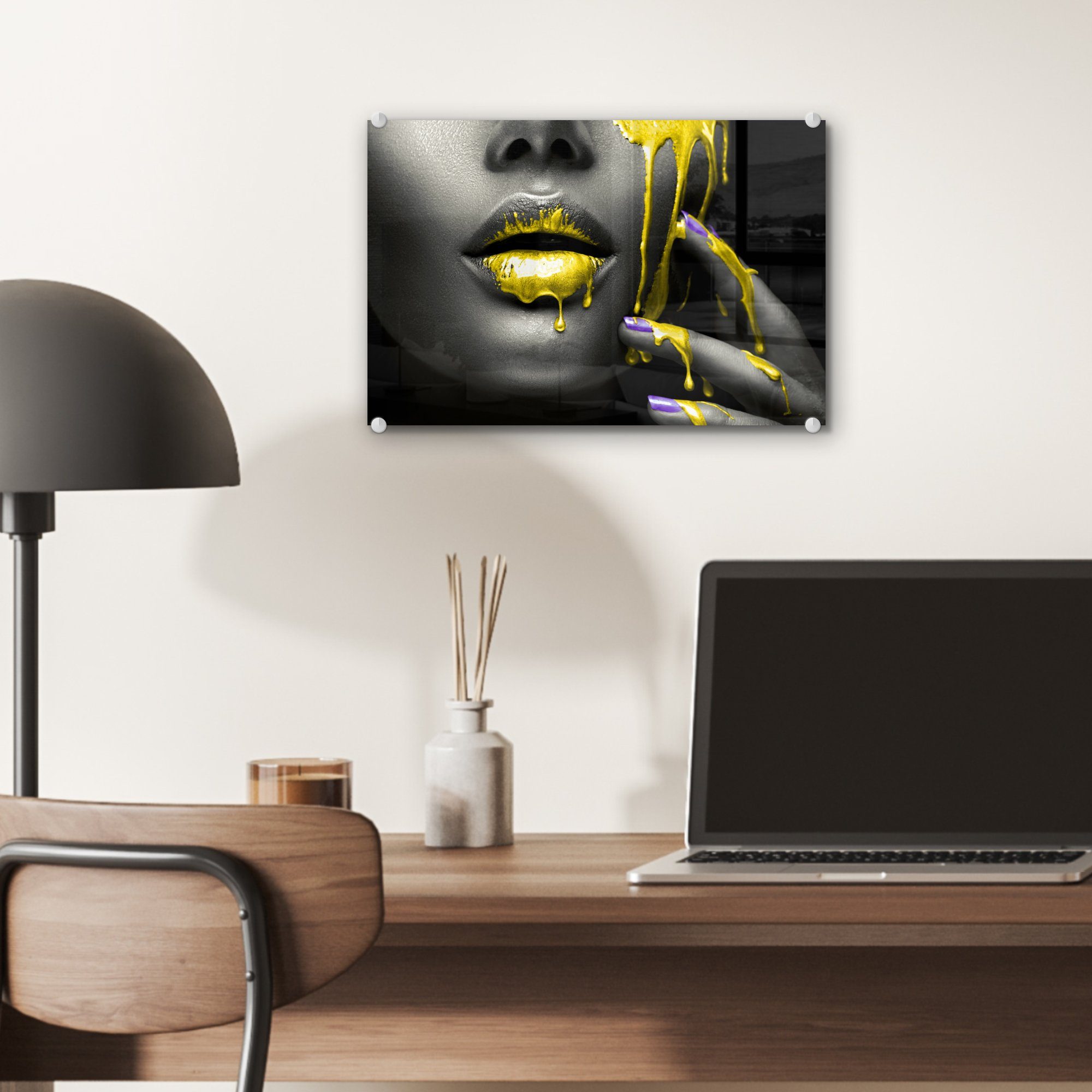MuchoWow Acrylglasbild Lippen - Schwarz, Gelb auf Glasbilder Wanddekoration Wandbild (1 Bilder Glas St), Foto - - Glas auf - 