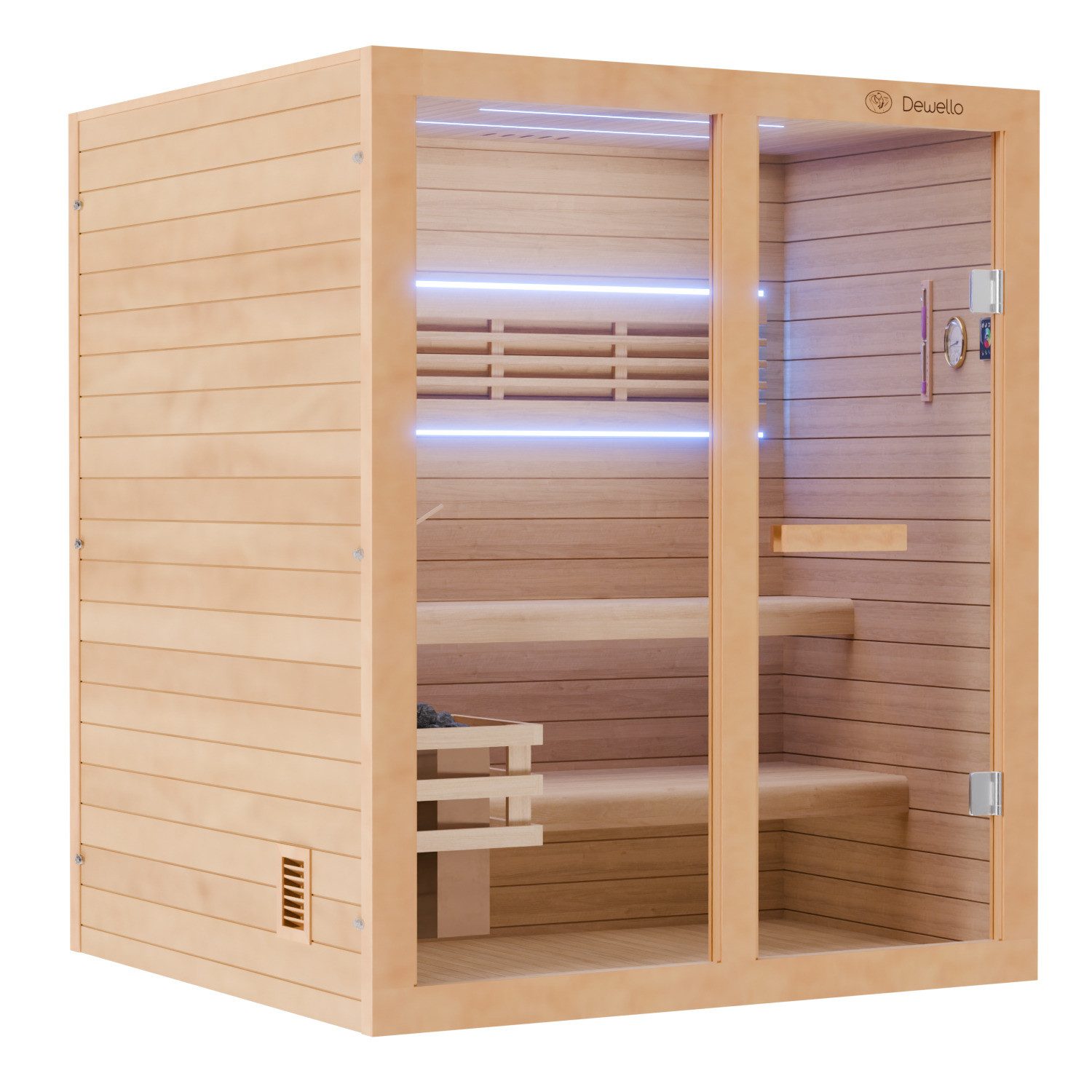 Dewello Eckdusche TOFINO 160x150 Finnische Sauna, 3 Personen, Saunaofen, Harvia 4,5KW, Sauna aus Hemlock-Tannenholz, leichter Aufbau dank Stecksystem – Bild 5 von 5