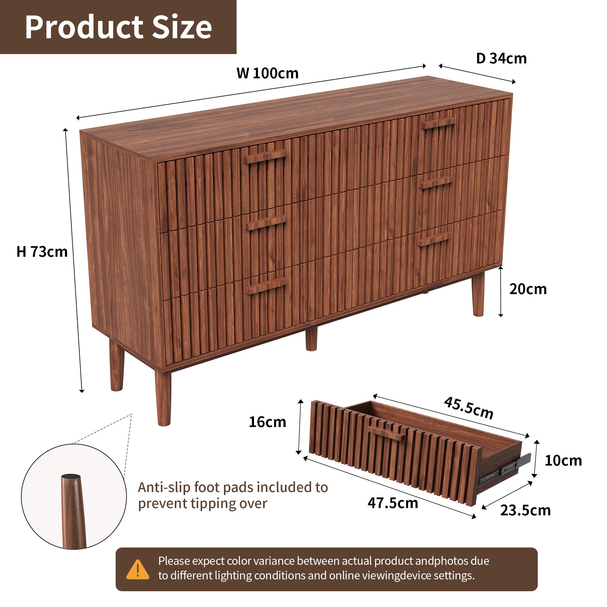 PXloue Kommode Mehrzweckschrank Holz Sideboard Mit 6 Schubladen Breite 100 cm, mit Griff